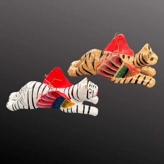 Hand Carved Winged Tabby Cat Ornament: Balinese Folk Art Set