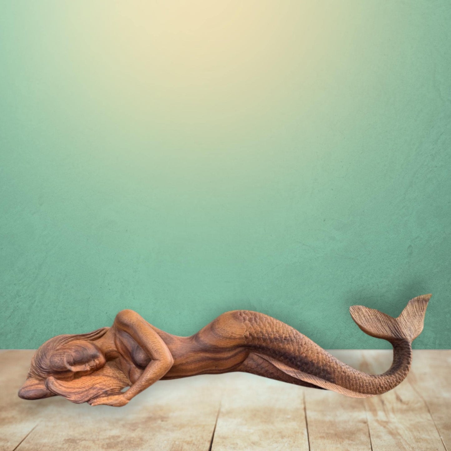 Hand Carved Suar Wood Mermaid Sculpture: Balinese Art, Nautical Decor