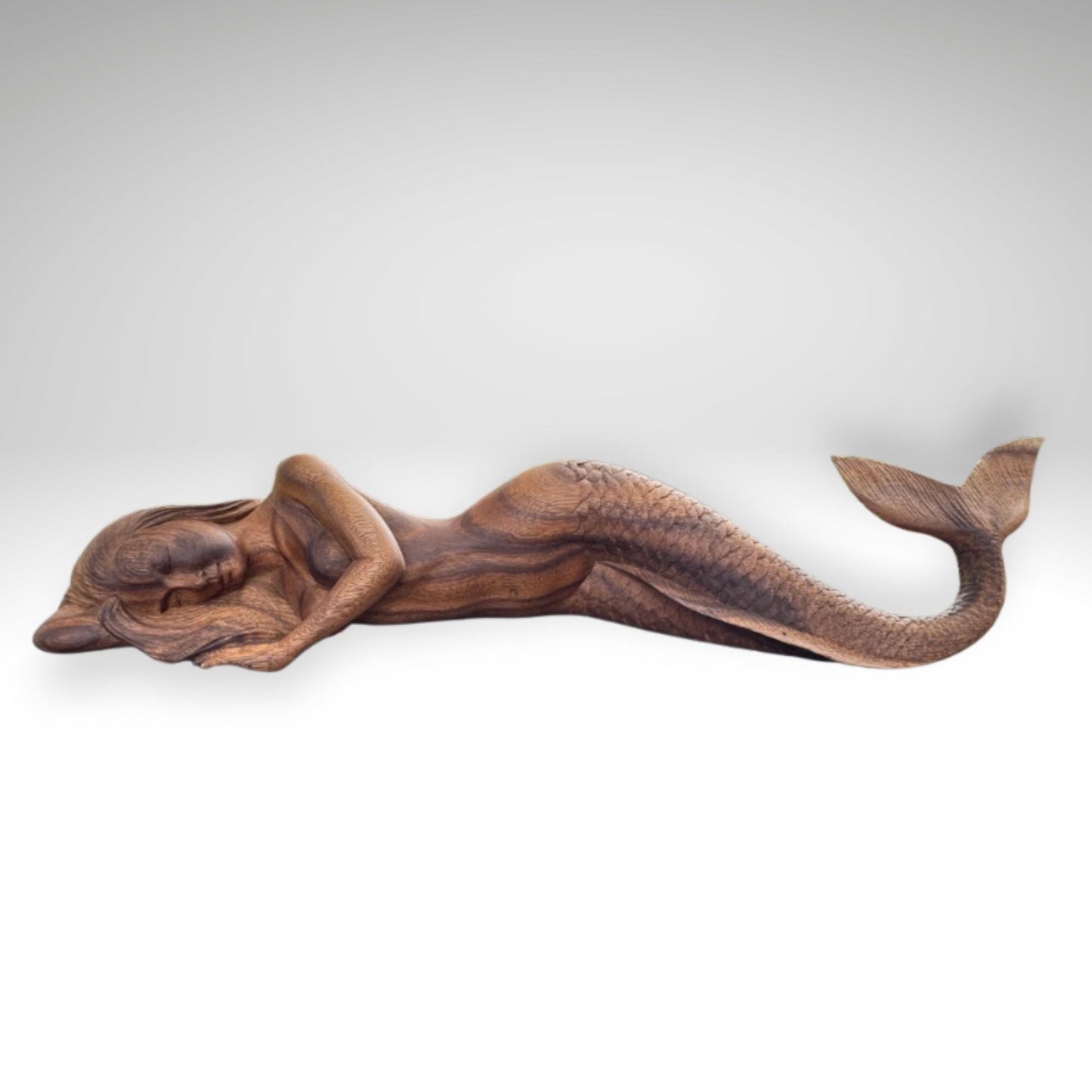 Hand Carved Suar Wood Mermaid Sculpture: Balinese Art, Nautical Decor