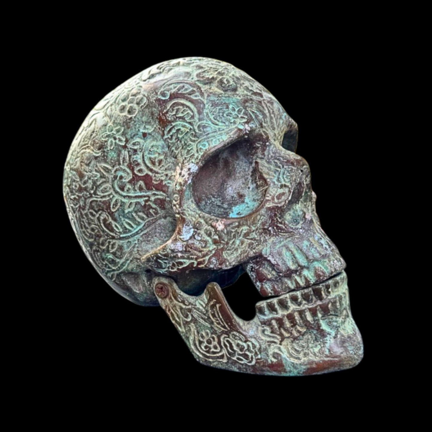 Bronze Skull Statue: Verdigris Finish, Hinged Jaw, Gothic Decor