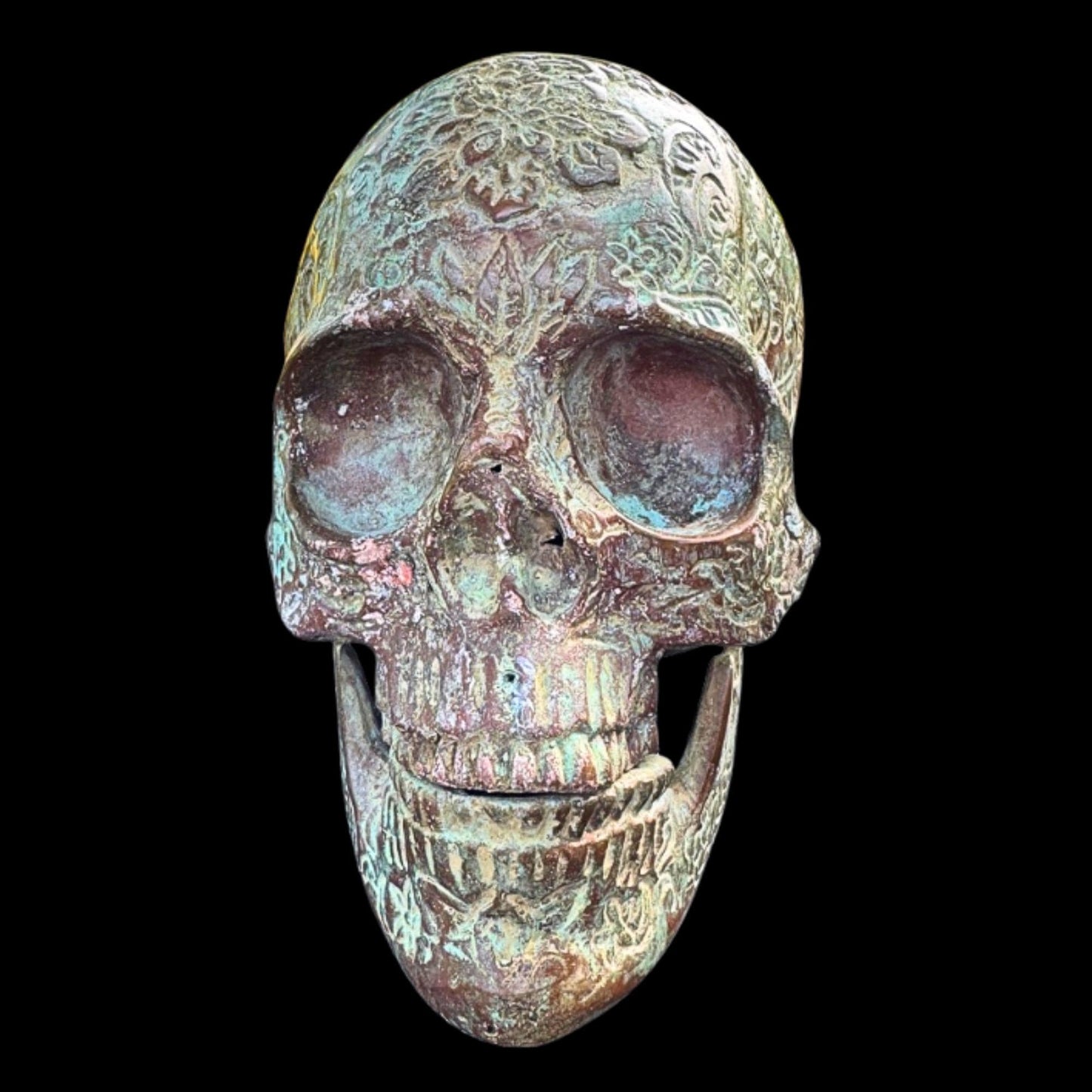 Bronze Skull Statue: Verdigris Finish, Hinged Jaw, Gothic Decor