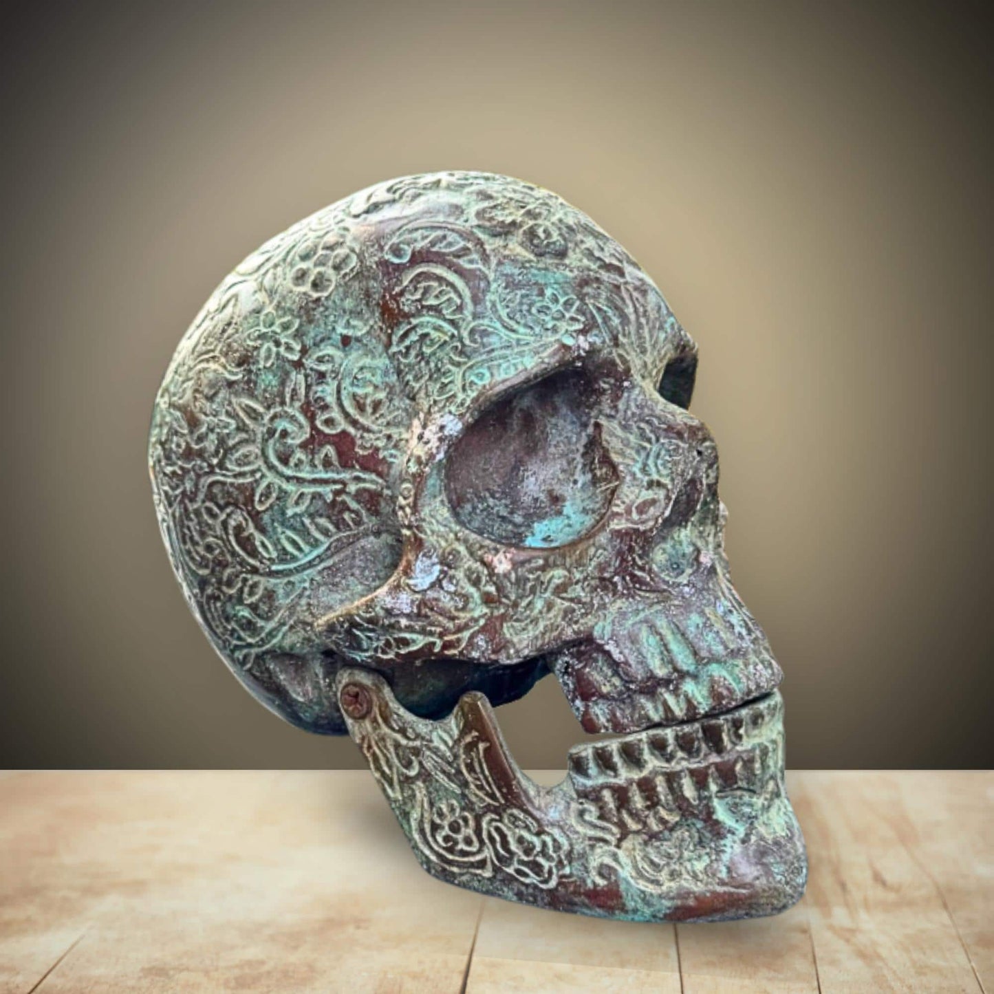 Bronze Skull Statue: Verdigris Finish, Hinged Jaw, Gothic Decor