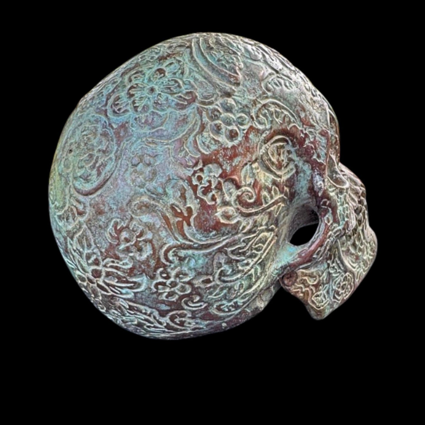 Bronze Skull Statue: Verdigris Finish, Hinged Jaw, Gothic Decor
