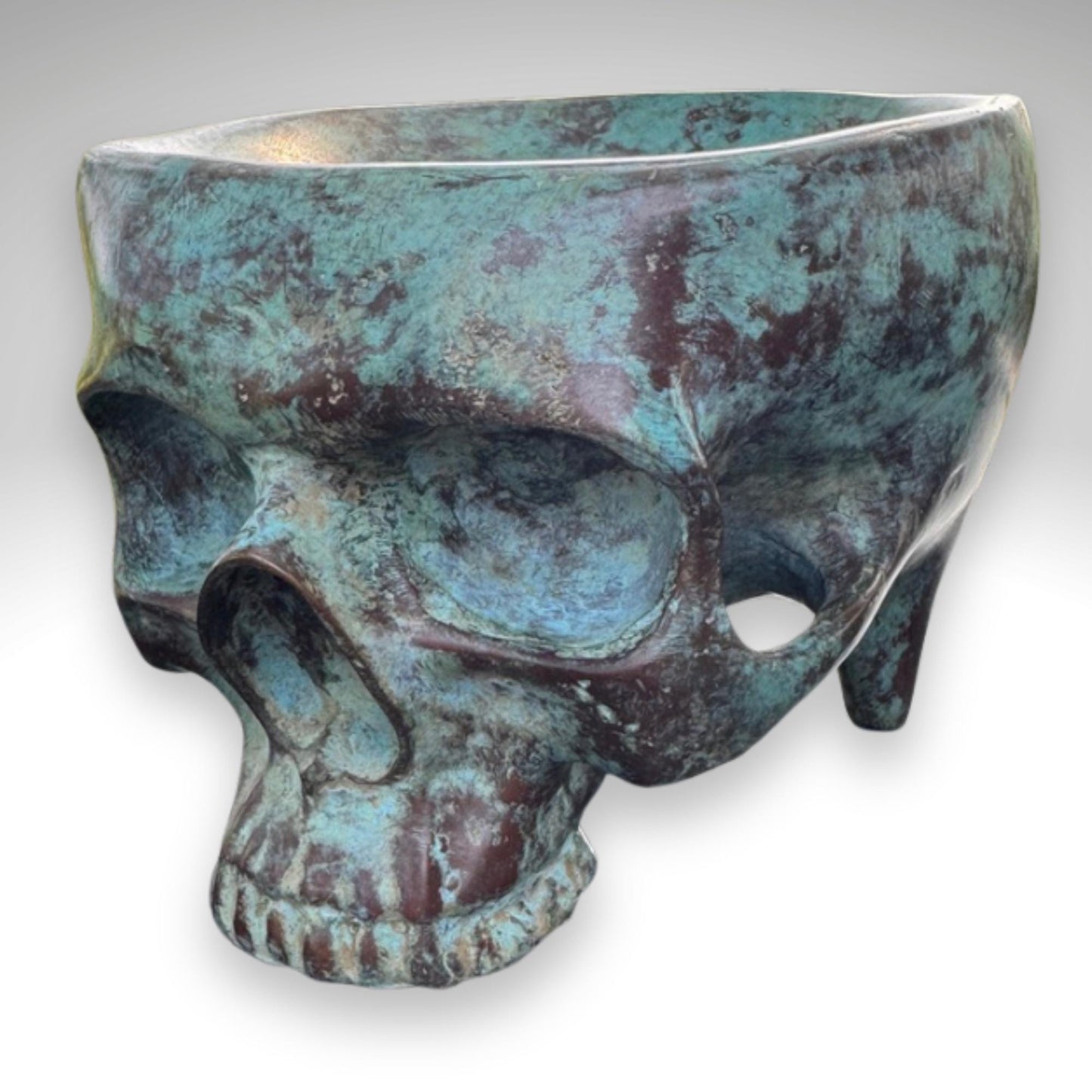 Bronze Skull Offering Bowl: Verdigris Finish, Gothic Home Decor