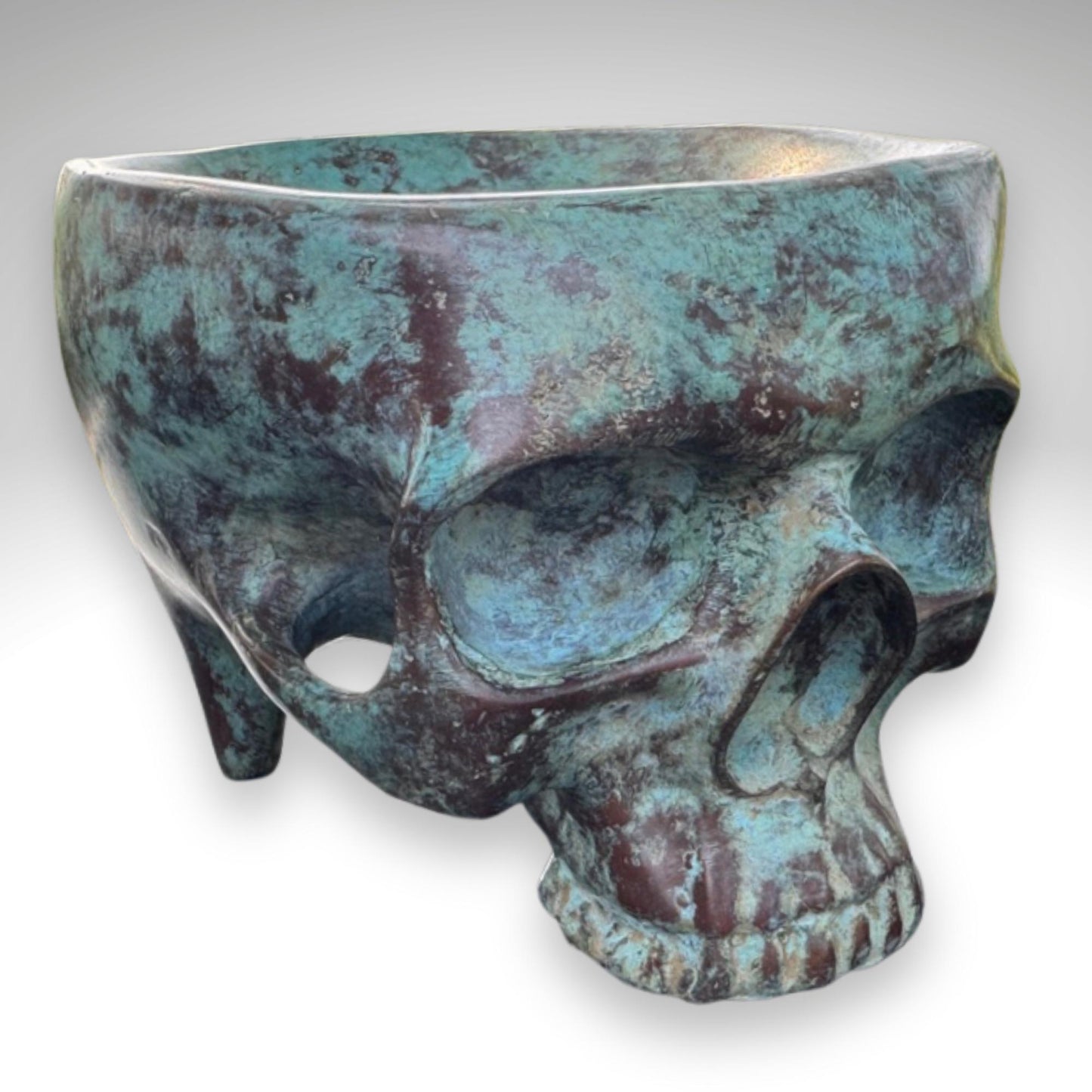 Bronze Skull Offering Bowl: Verdigris Finish, Gothic Home Decor