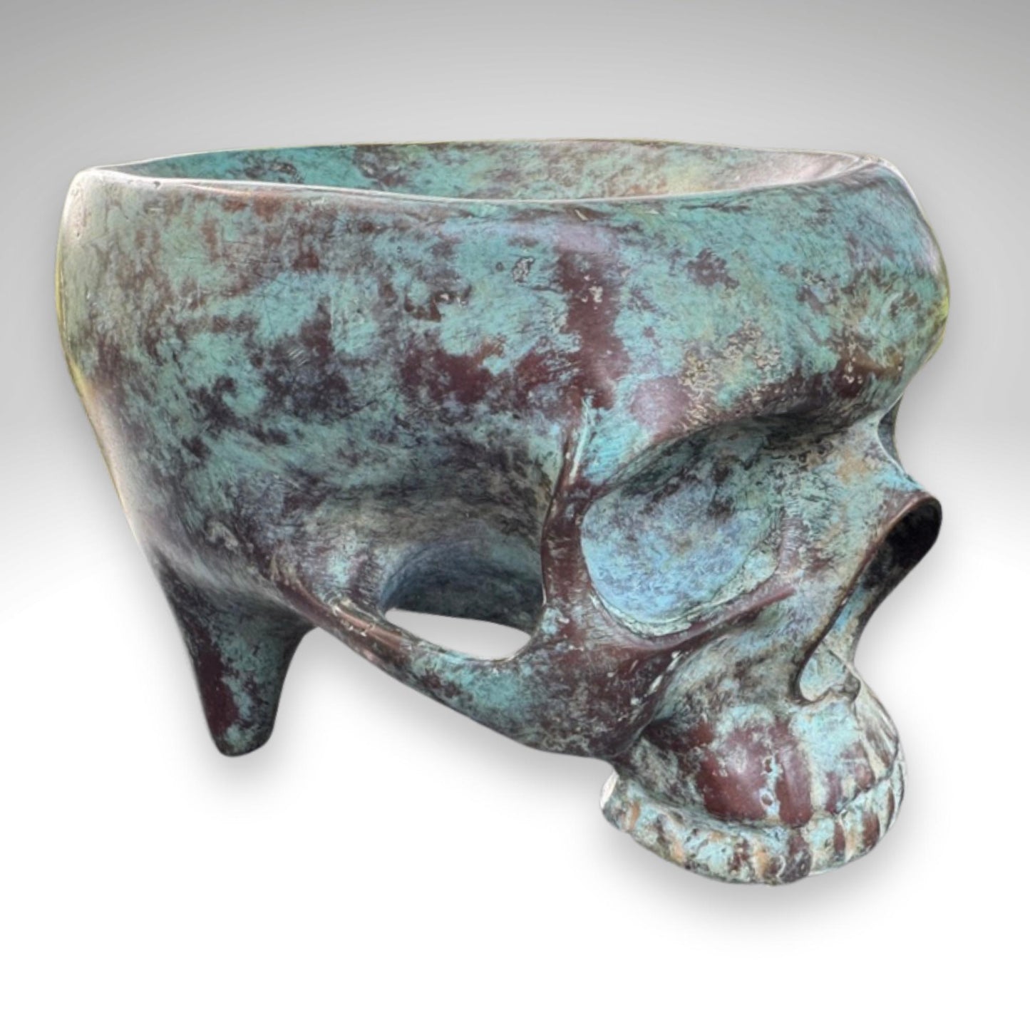 Bronze Skull Offering Bowl: Verdigris Finish, Gothic Home Decor