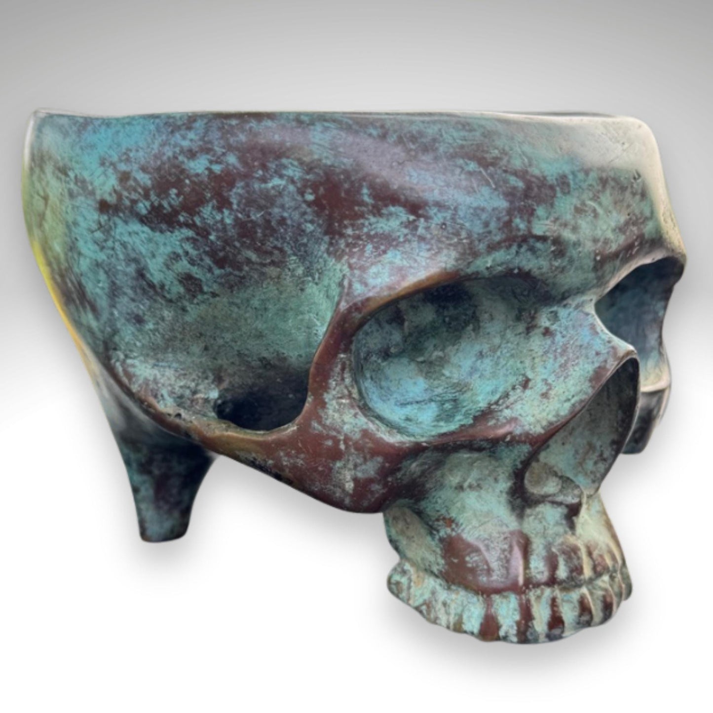 Bronze Skull Offering Bowl: Verdigris Finish, Gothic Home Decor