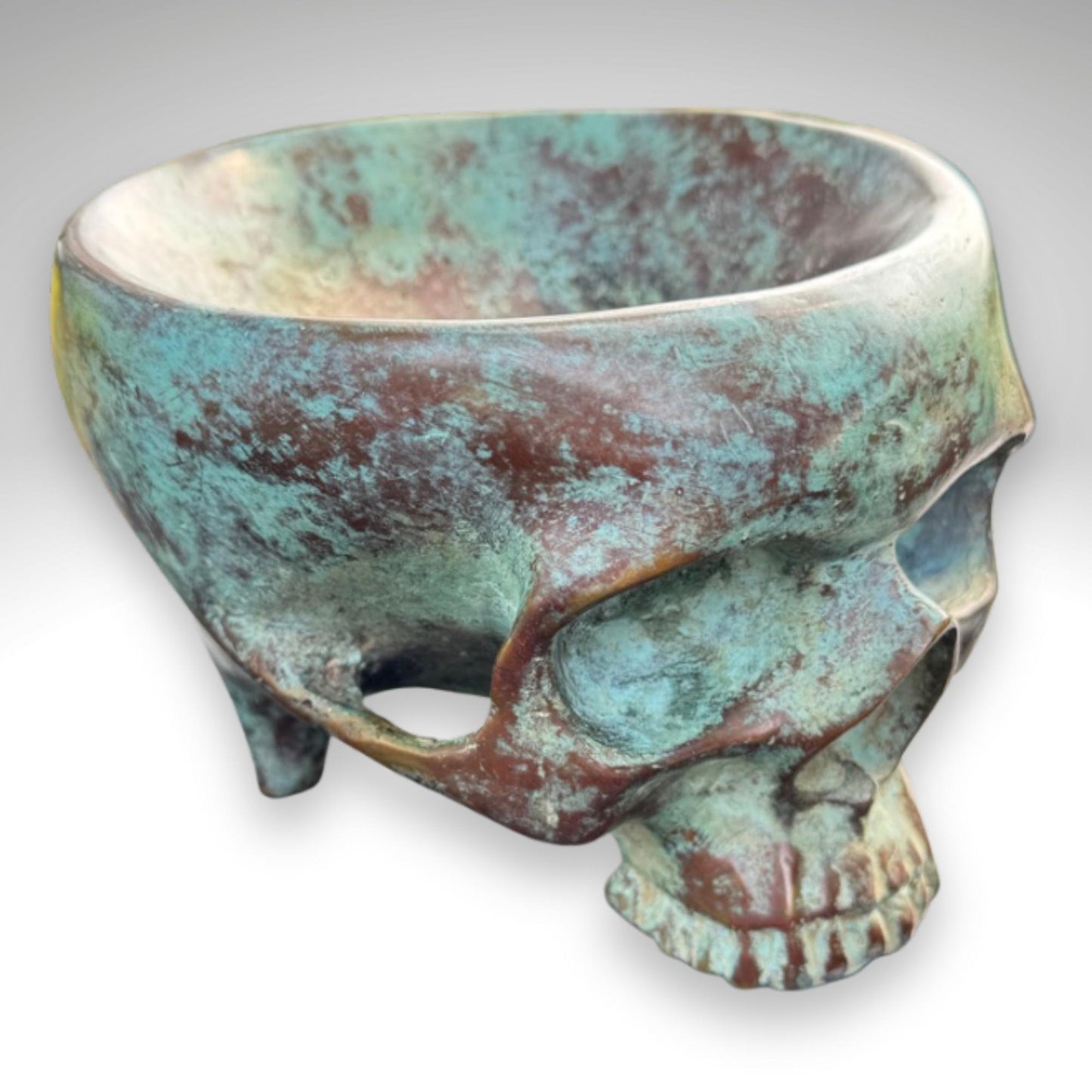 Bronze Skull Offering Bowl: Verdigris Finish, Gothic Home Decor