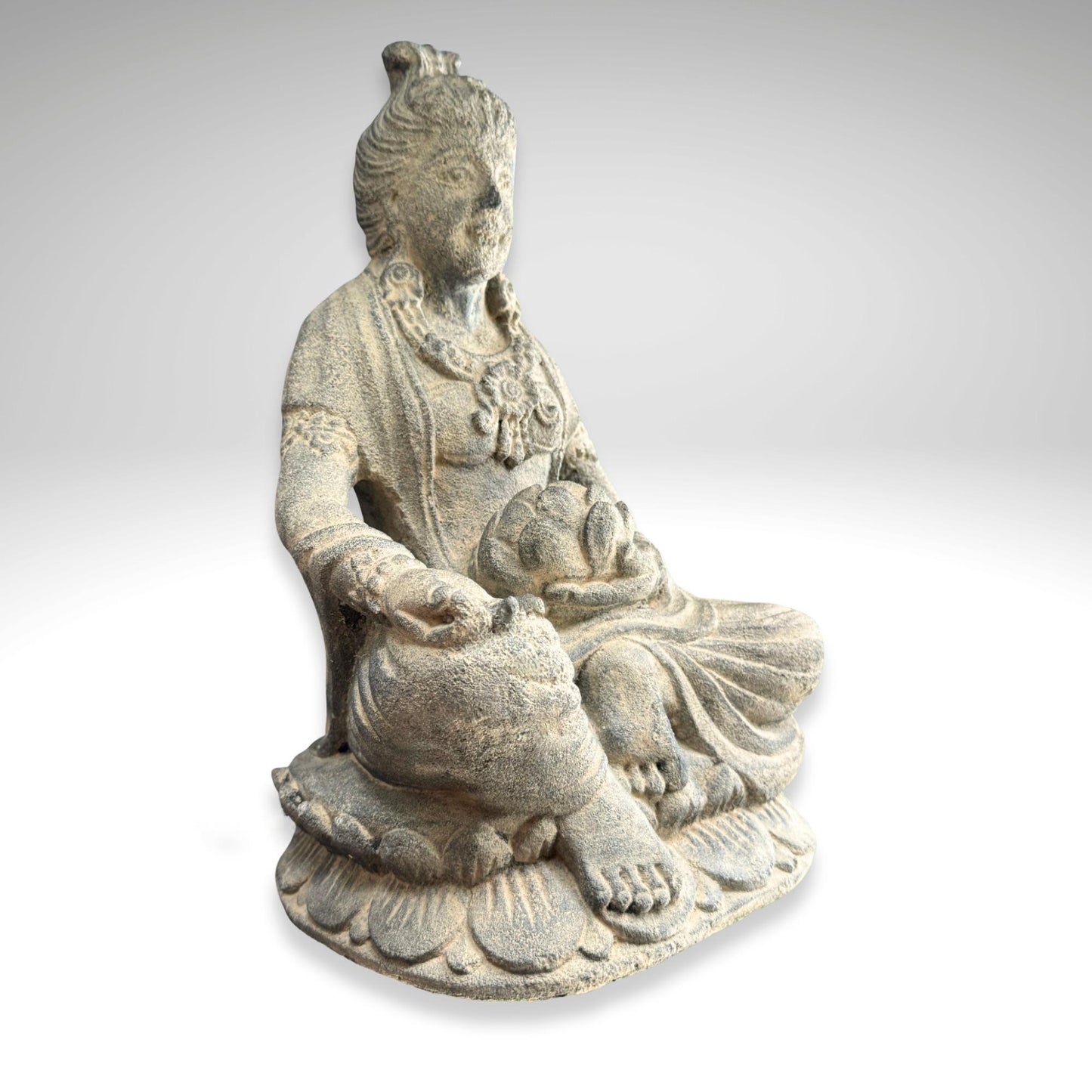 Handcrafted Lava Stone Lakshmi Statue: Balinese Garden Decor