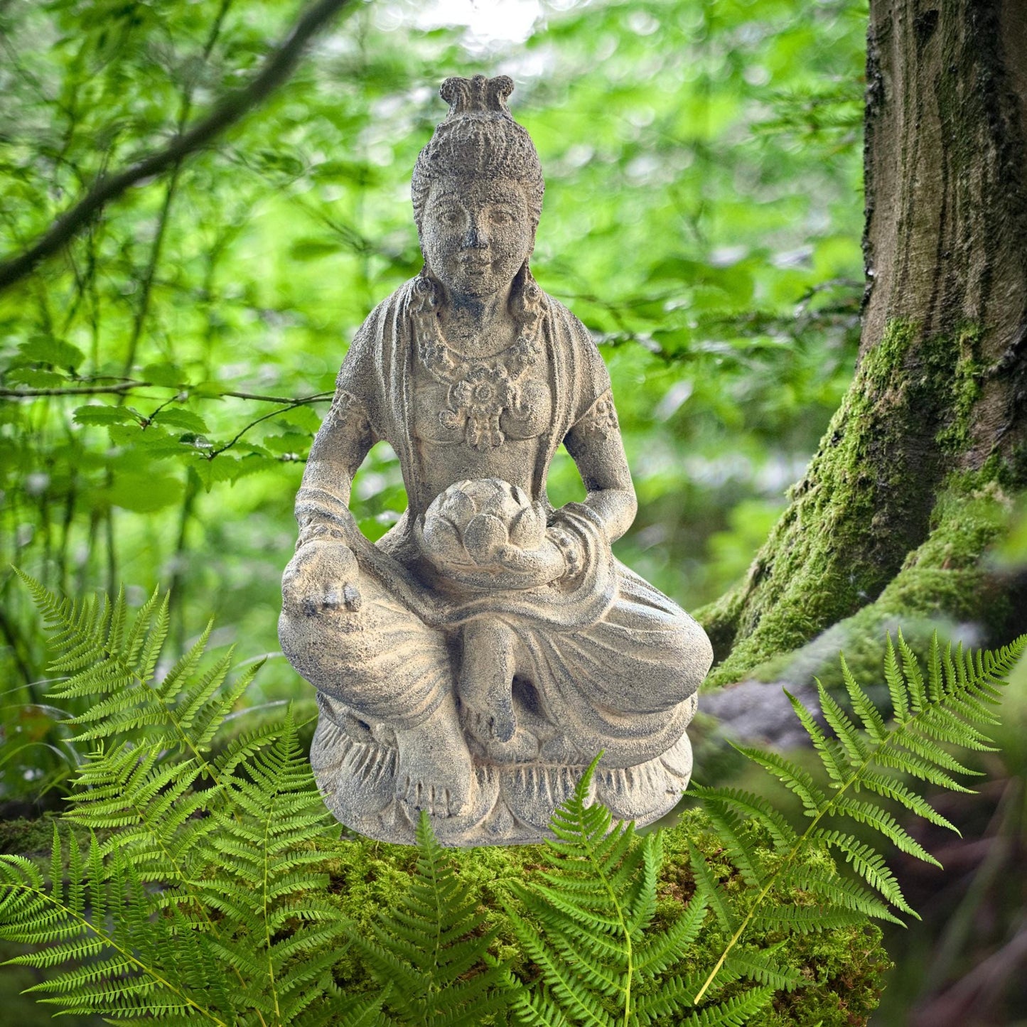 Handcrafted Lava Stone Lakshmi Statue: Balinese Garden Decor