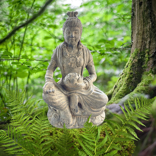 Handcrafted Lava Stone Lakshmi Statue: Balinese Garden Decor