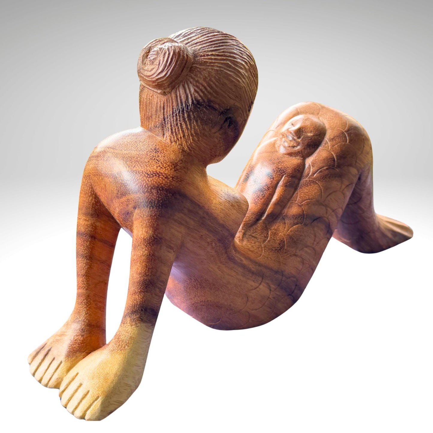 Hand Carved Mermaid Mother & Baby Statue: Balinese Wood Carving Sculpture, Bali Art