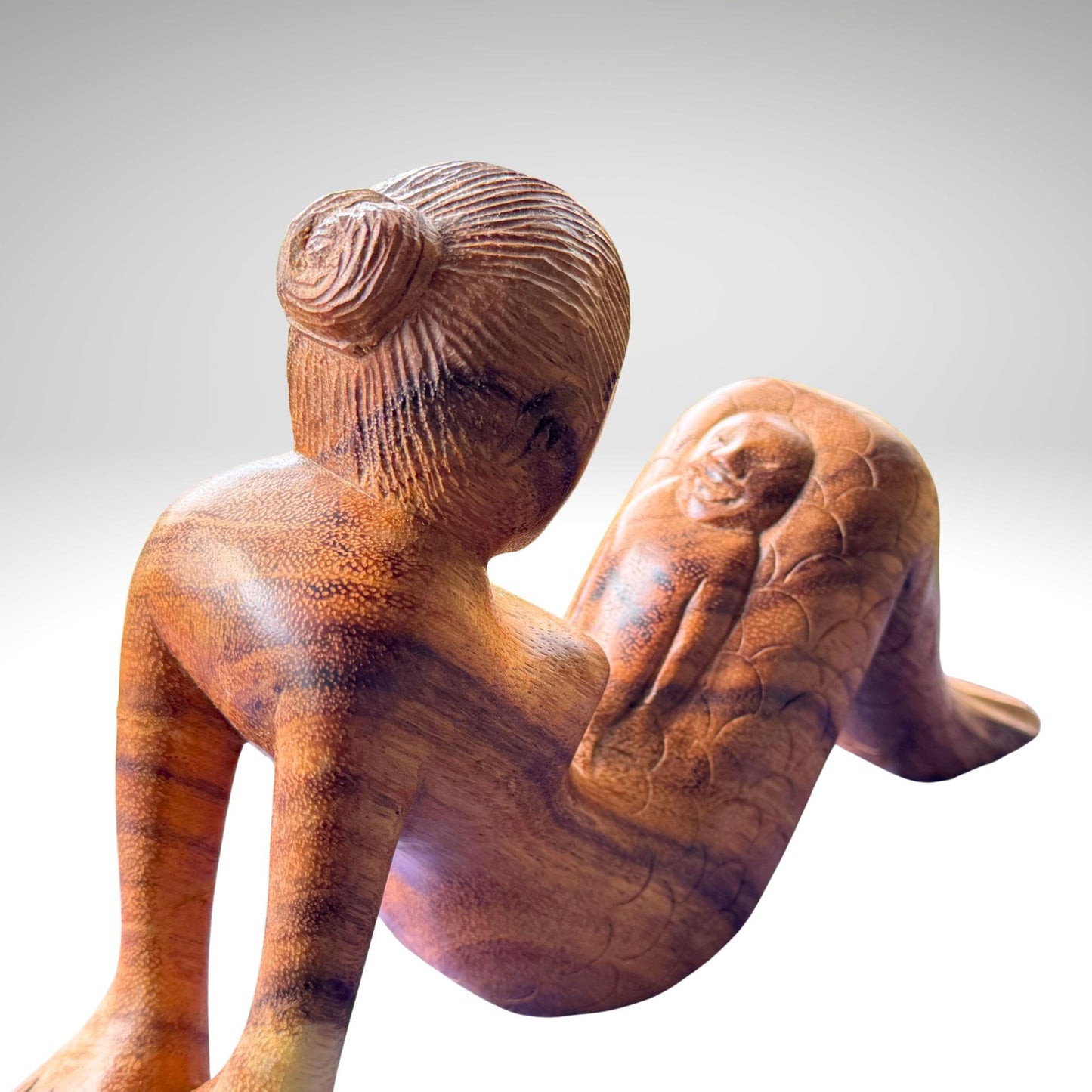 Hand Carved Mermaid Mother & Baby Statue: Balinese Wood Carving Sculpture, Bali Art