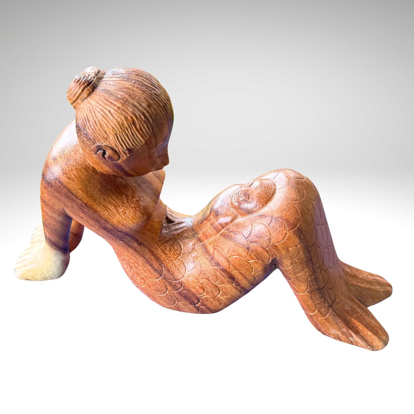 Hand Carved Mermaid Mother & Baby Statue: Balinese Wood Carving Sculpture, Bali Art
