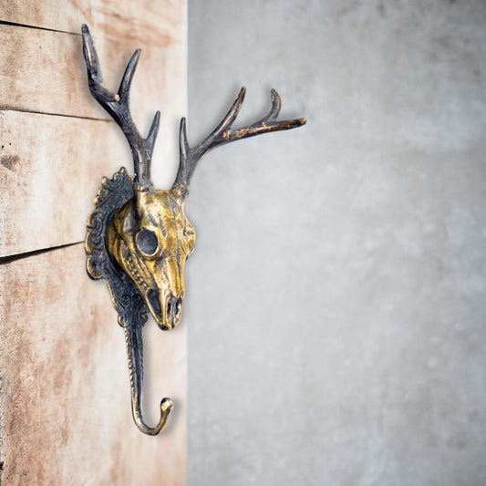 Deer Skull Stag bronze wall Hook Unique Home Storage Rustic Lodge Boho Decor Gold - Acadia World Traders