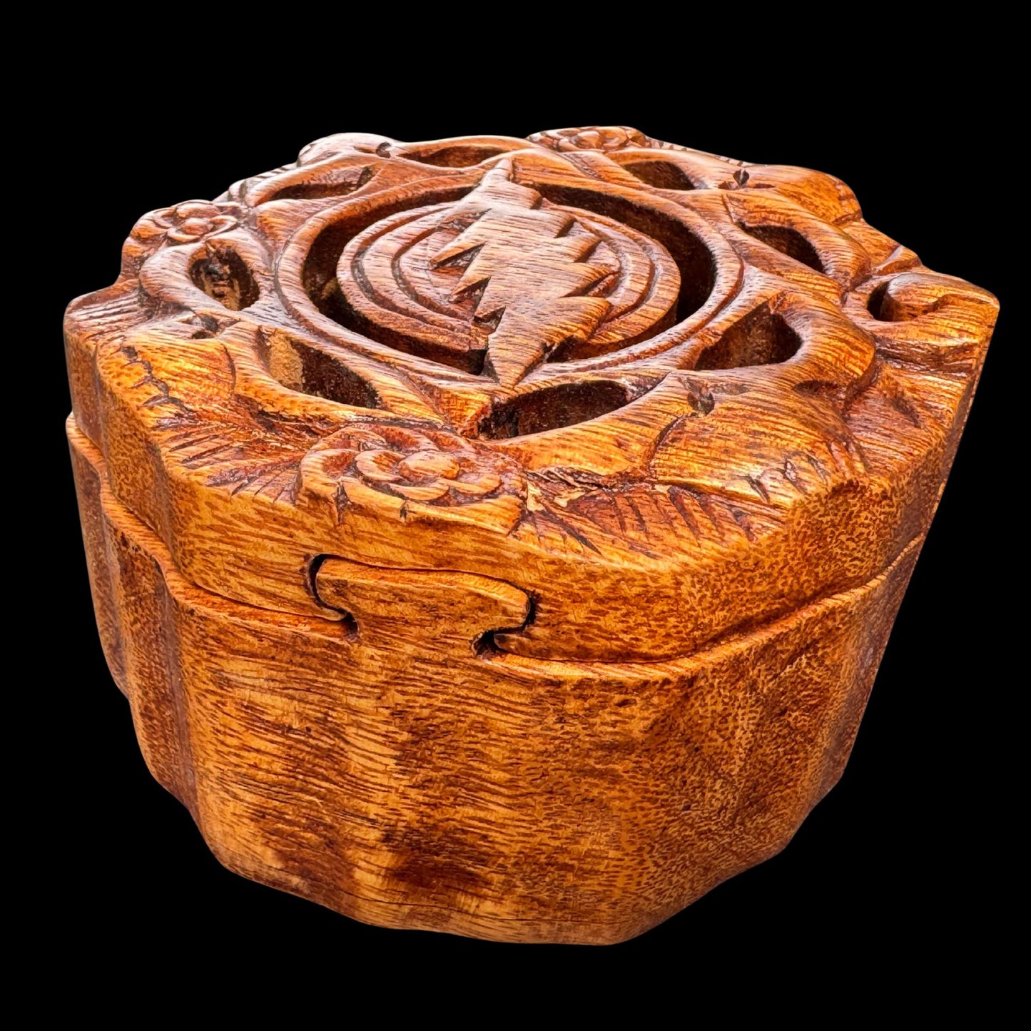 Steal your Face Skeleton Skull Lightning Bolt Puzzle Trinket Box stash box Hand Carved Wood Bali art