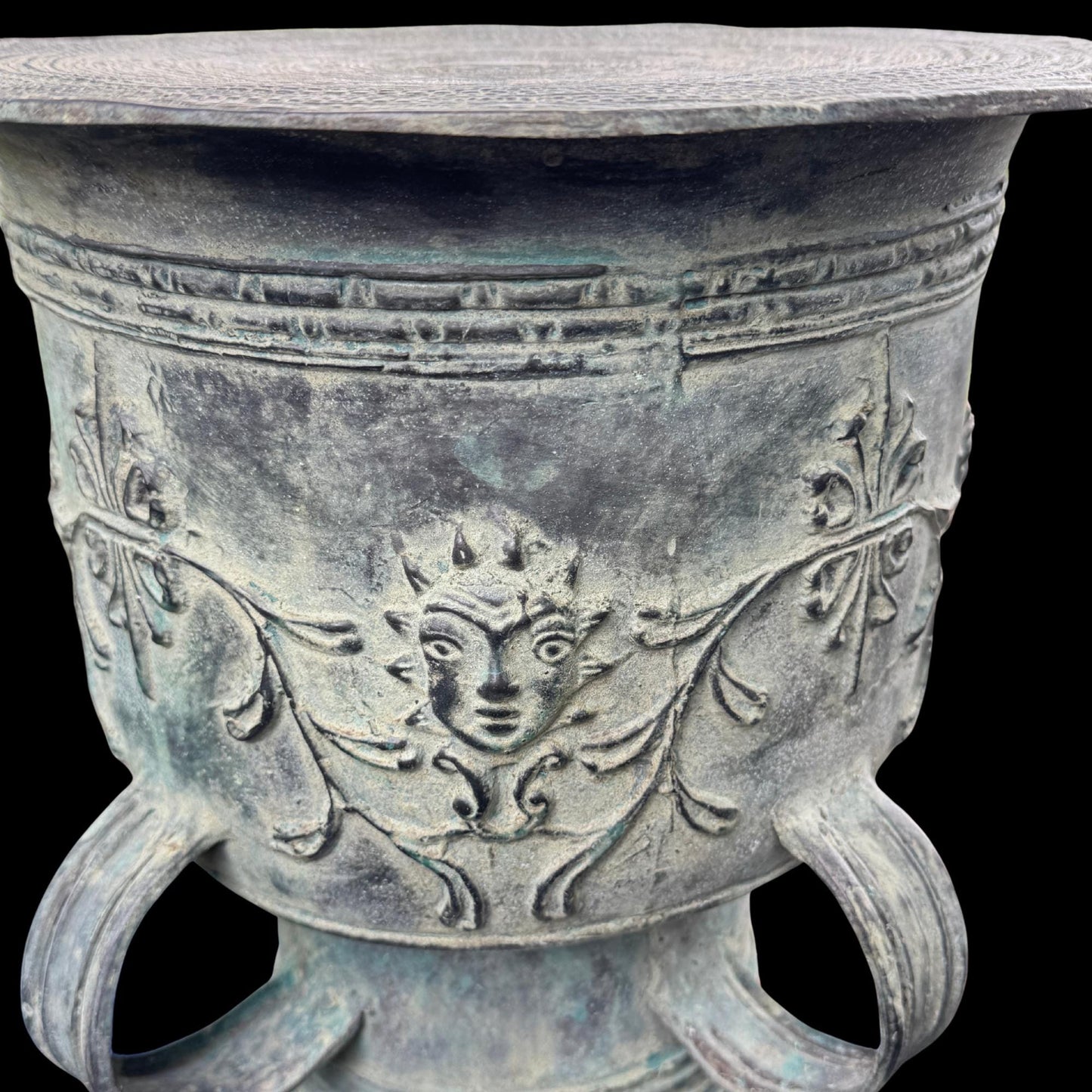Vintage Balinese Bronze Rain Drum garden Table: Verdigris Patina, Indonesia Art 1