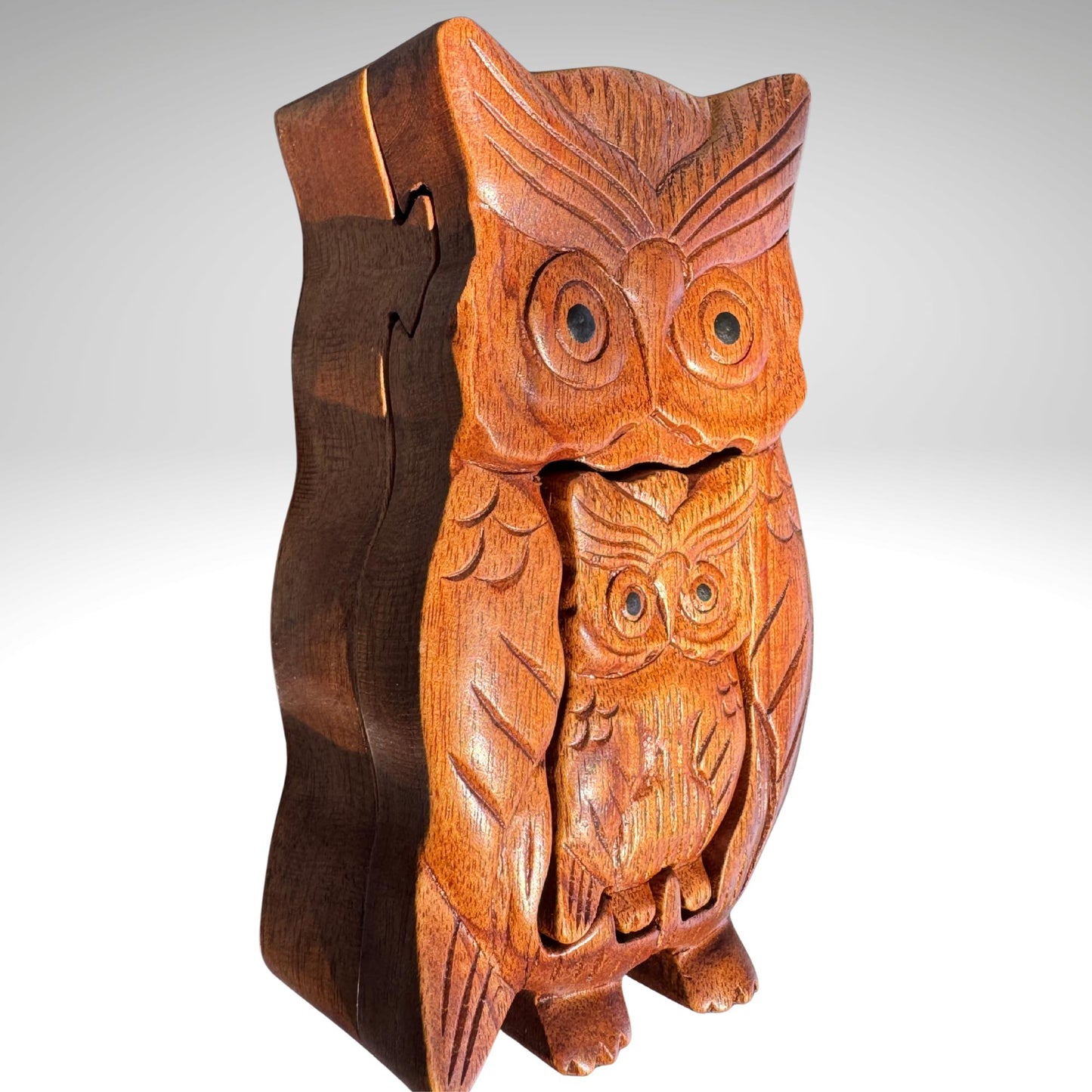 Hand Carved Owl Puzzle Box: Suar Wood Trinket Stash Jewelry , Bali Art