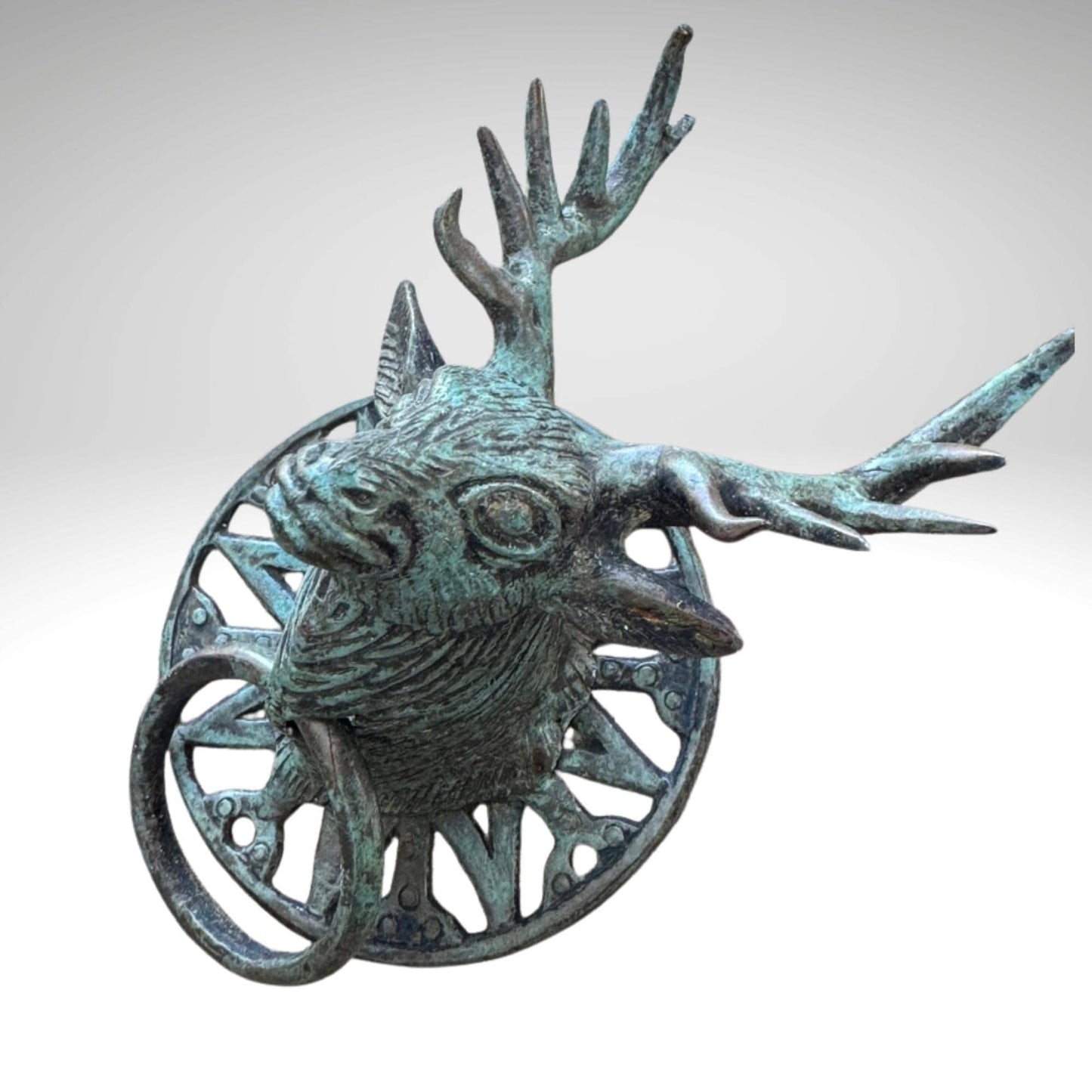 Verdigris Bronze Deer Door Knocker: Balinese Cast Architectural Art