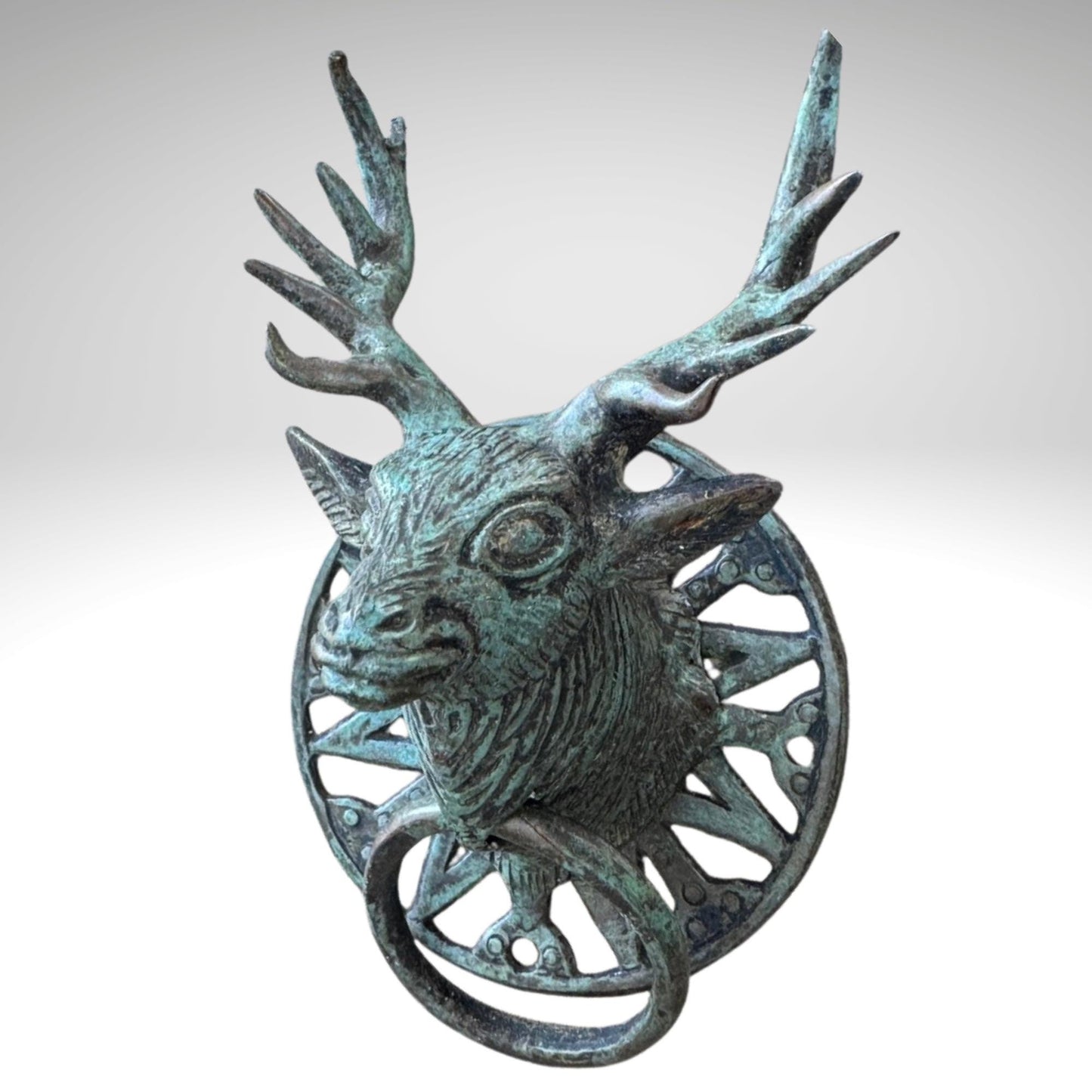 Verdigris Bronze Deer Door Knocker: Balinese Cast Architectural Art