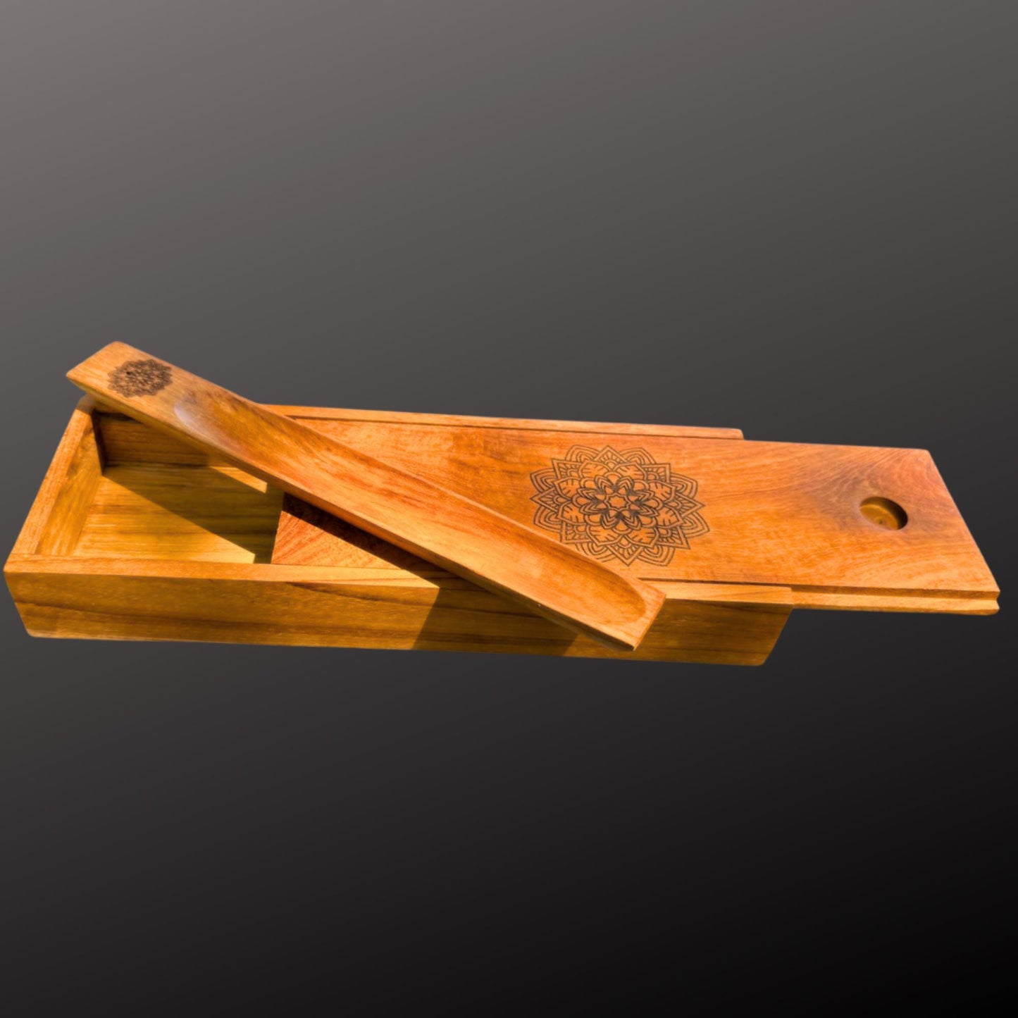 Teak Wood Incense Box with Ash Catcher: Balinese Mandala, Buddha, or Goddess