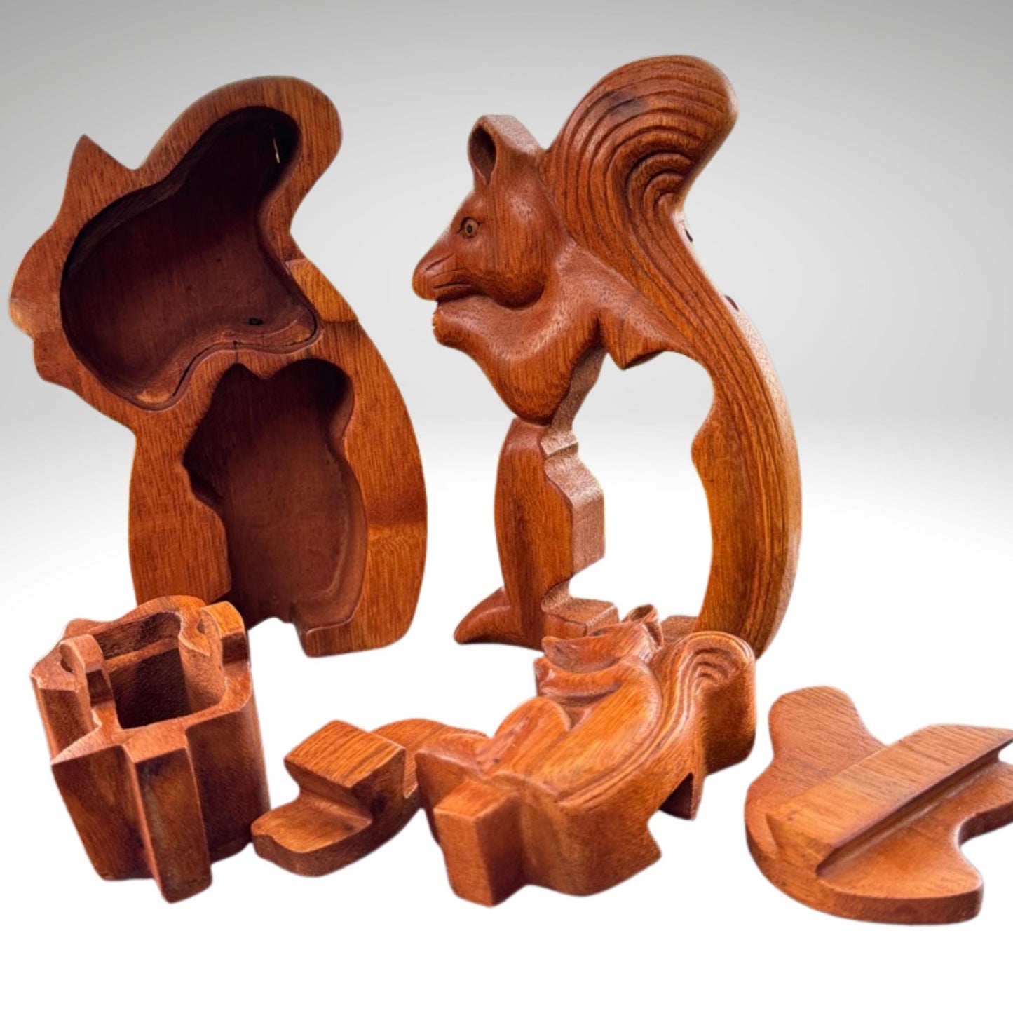 Hand Carved Squirrel Puzzle Box: Suar Wood Trinket Stash - Bali Art