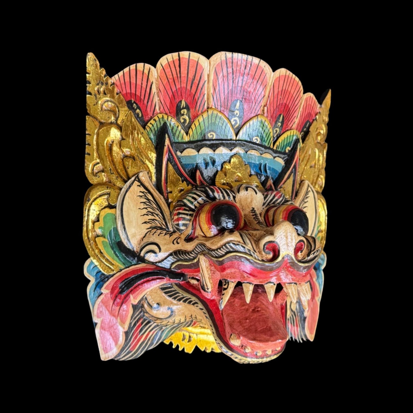 Hand Carved Barong Lion Mask: Balinese Folk Art Wall Decor