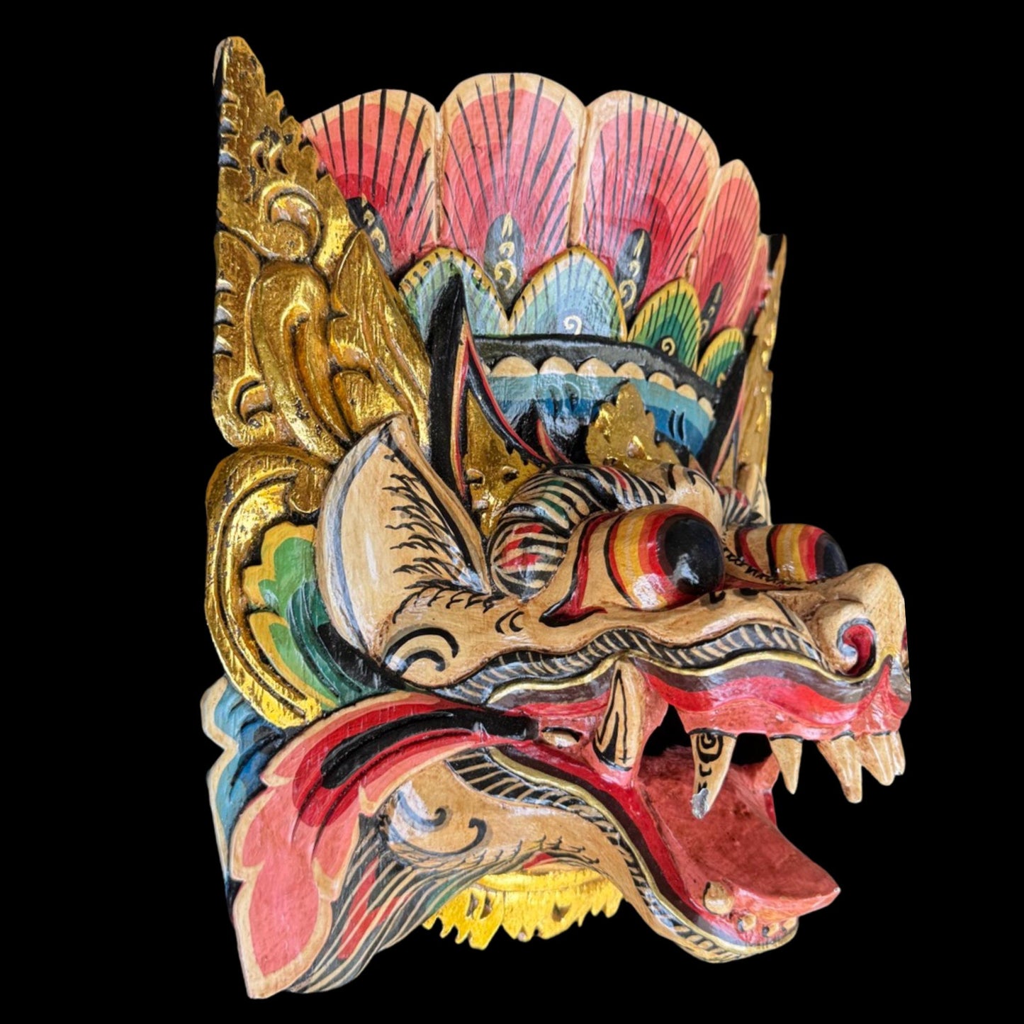 Hand Carved Barong Lion Mask: Balinese Folk Art Wall Decor