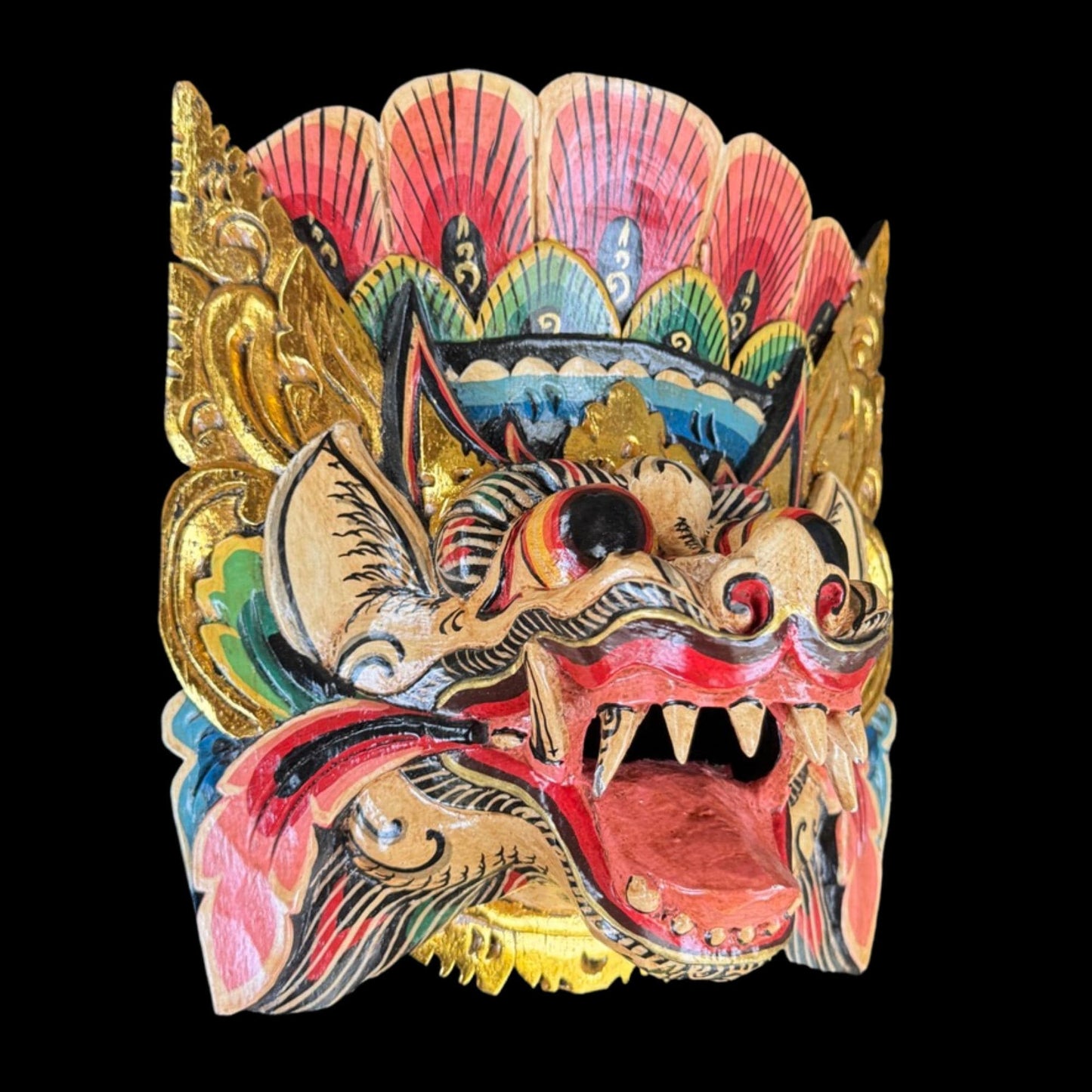 Hand Carved Barong Lion Mask: Balinese Folk Art Wall Decor