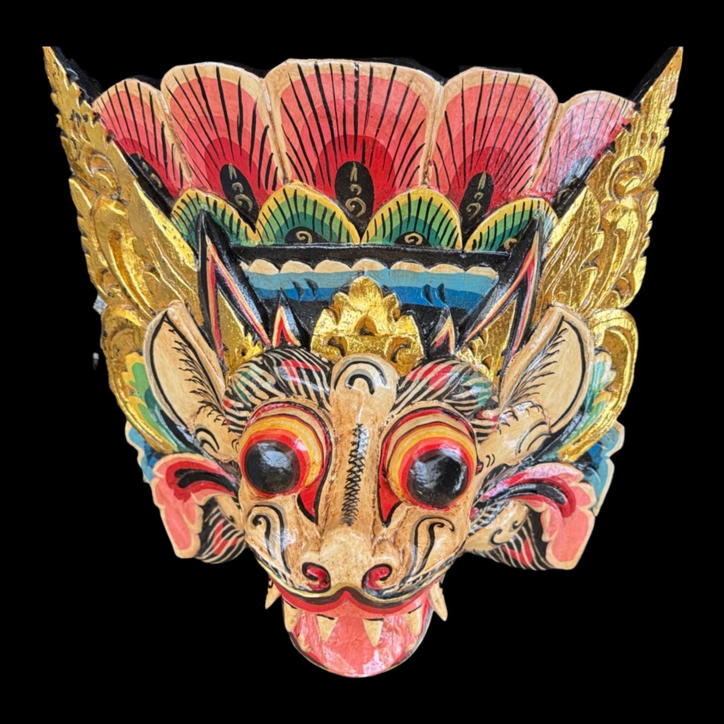 Hand Carved Barong Lion Mask: Balinese Folk Art Wall Decor