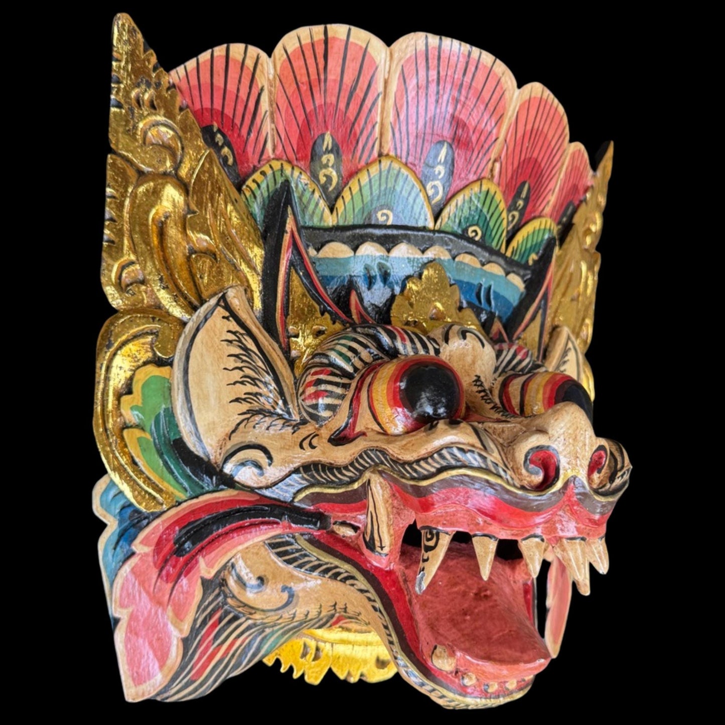 Hand Carved Barong Lion Mask: Balinese Folk Art Wall Decor