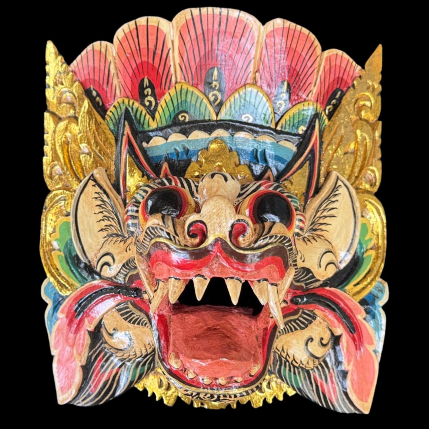 Hand Carved Barong Lion Mask: Balinese Folk Art Wall Decor