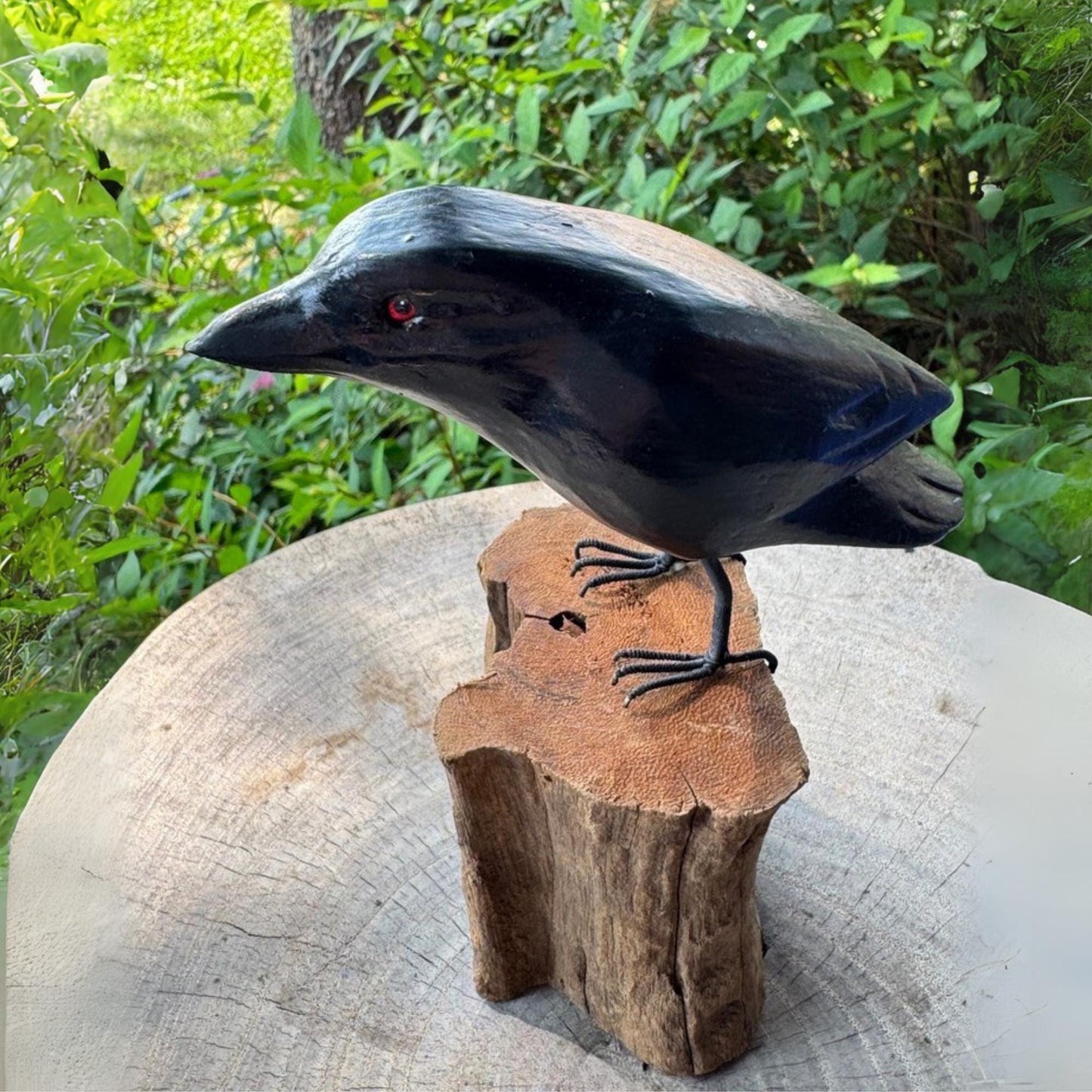 Hand Carved Crow Sculpture: Gothic Forest Bird Wood Statue
