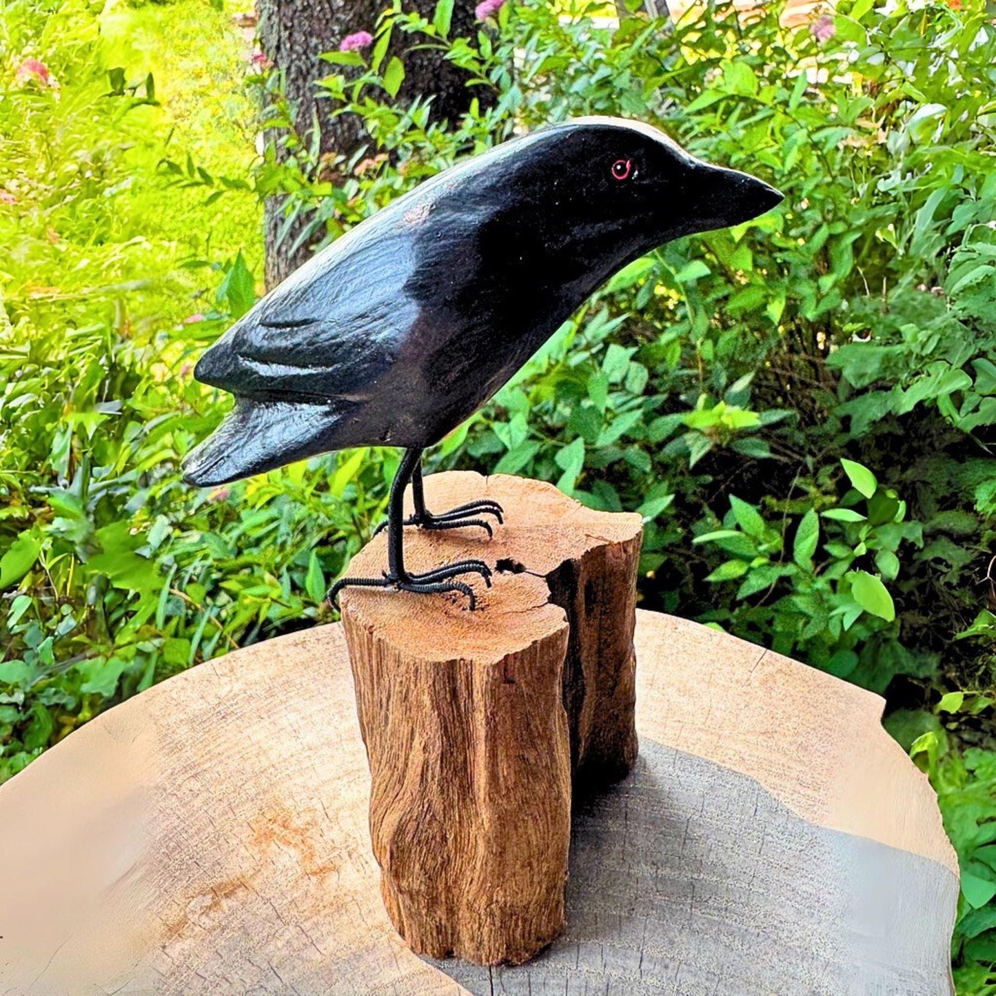 Hand Carved Crow Sculpture: Gothic Forest Bird Wood Statue