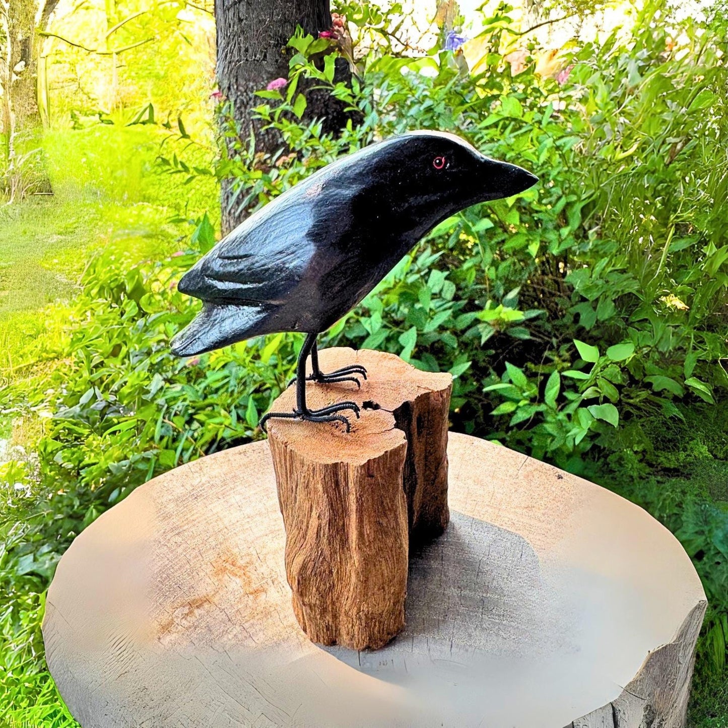 Hand Carved Crow Sculpture: Gothic Forest Bird Wood Statue
