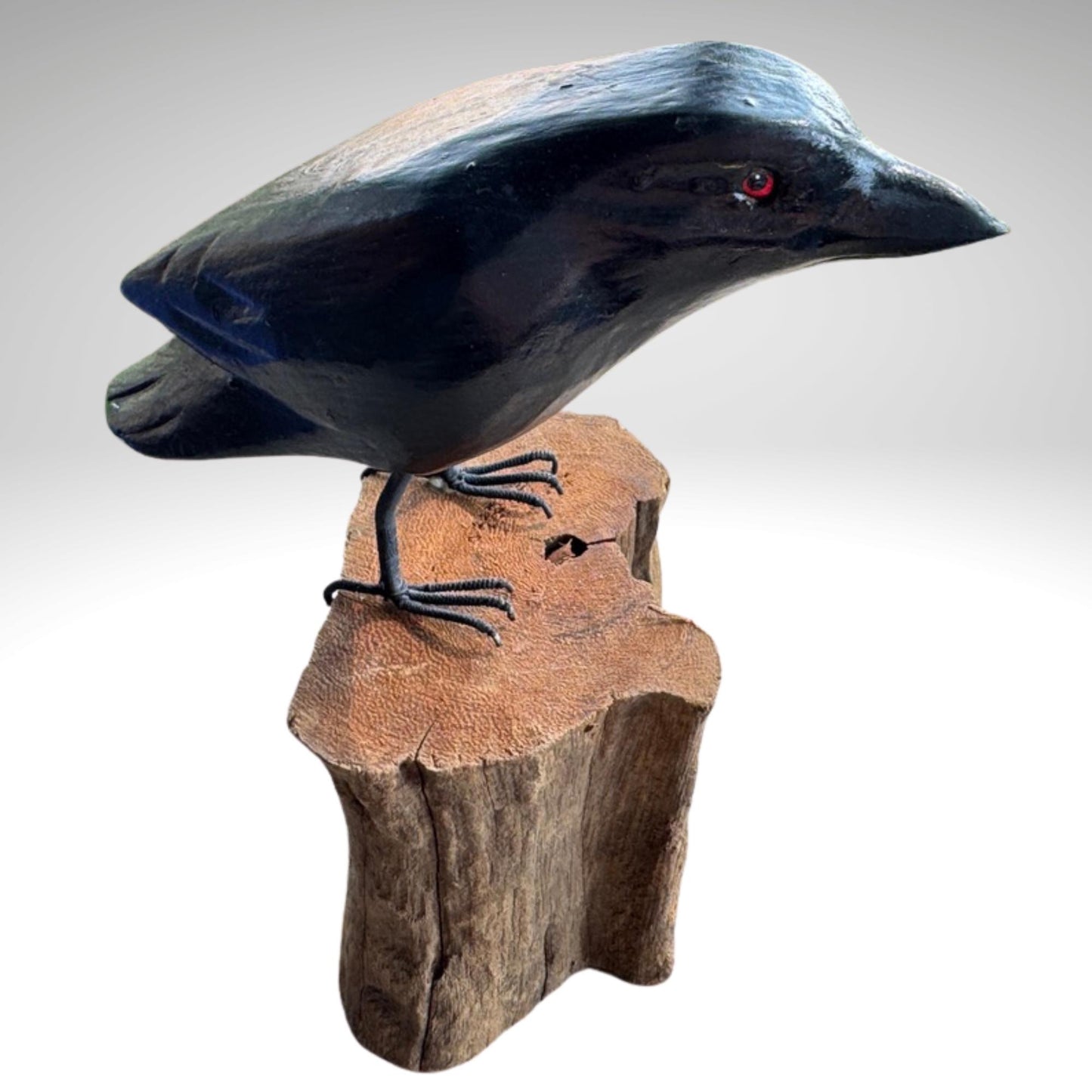 Hand Carved Crow Sculpture: Gothic Forest Bird Wood Statue