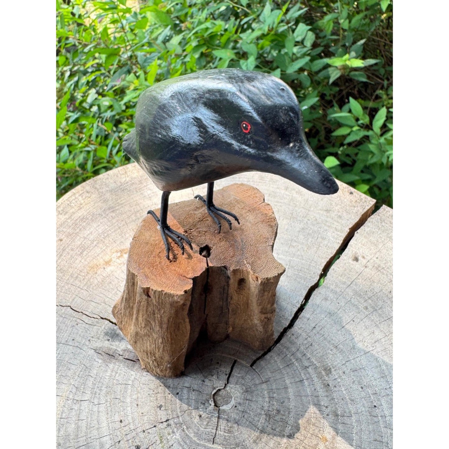 Hand Carved Crow Sculpture: Gothic Forest Bird Wood Statue