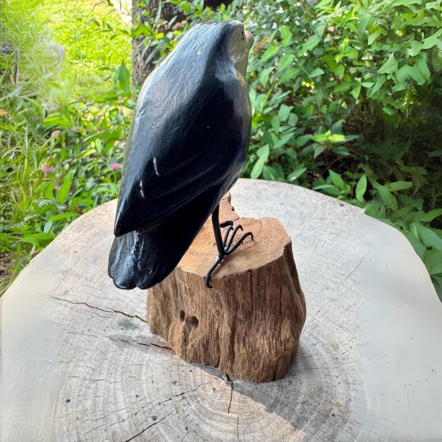 Hand Carved Crow Sculpture: Gothic Forest Bird Wood Statue