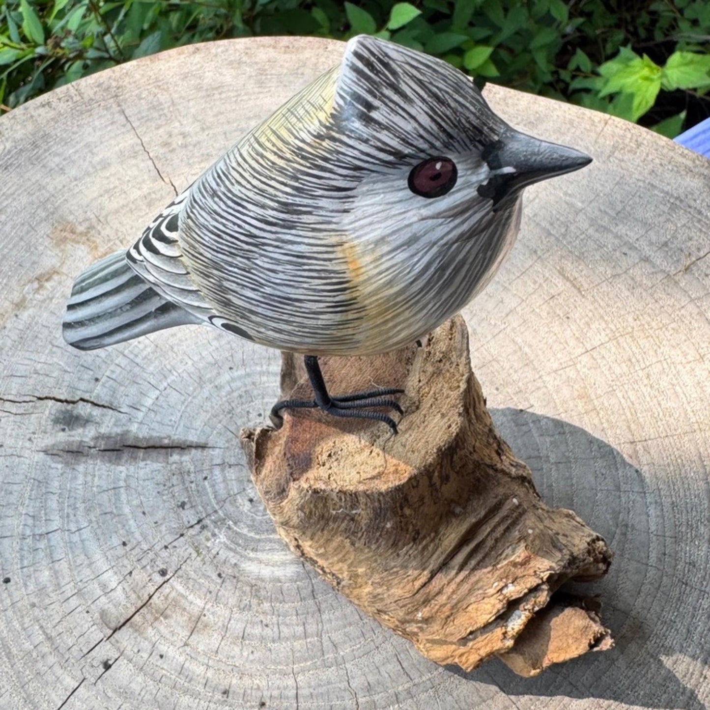 Hand Carved Tufted Titmouse Wood Sculpture: Bali Forest Bird Art