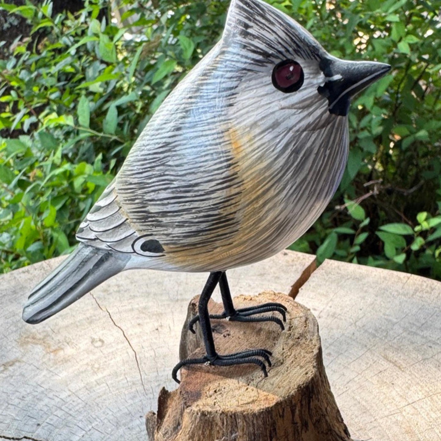 Hand Carved Tufted Titmouse Wood Sculpture: Bali Forest Bird Art