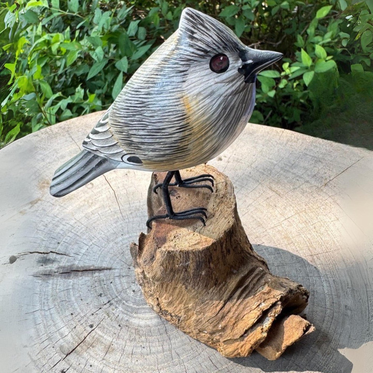 Hand Carved Tufted Titmouse Wood Sculpture: Bali Forest Bird Art