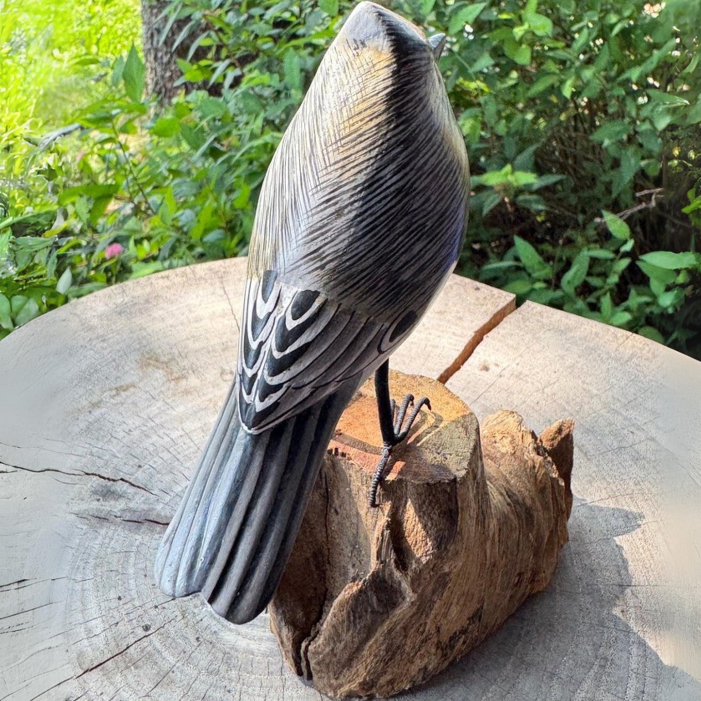 Hand Carved Tufted Titmouse Wood Sculpture: Bali Forest Bird Art
