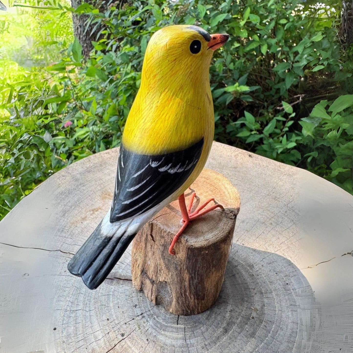 Hand Carved Gold Finch Sculpture: Bali Wood Bird Art