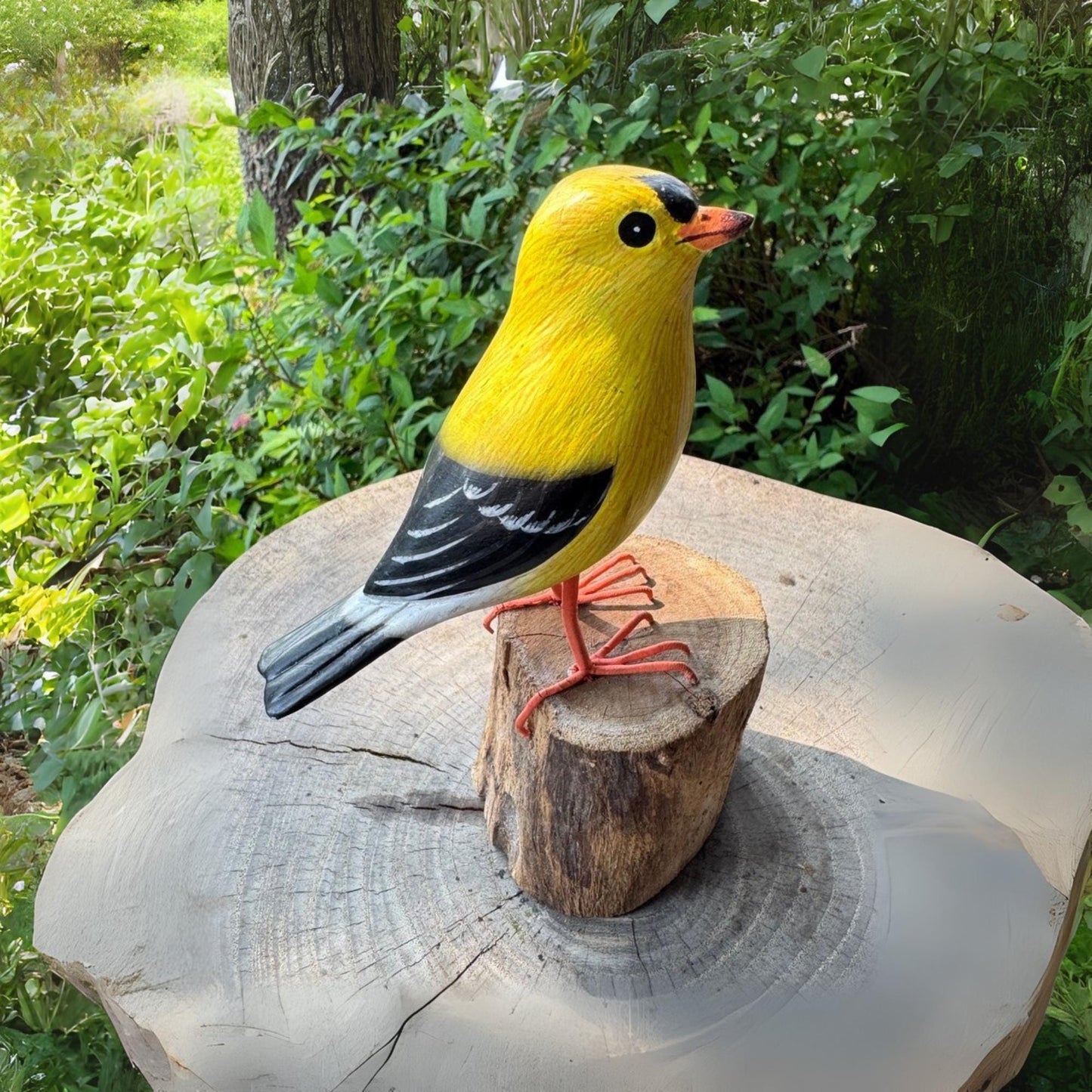 Hand Carved Gold Finch Sculpture: Bali Wood Bird Art