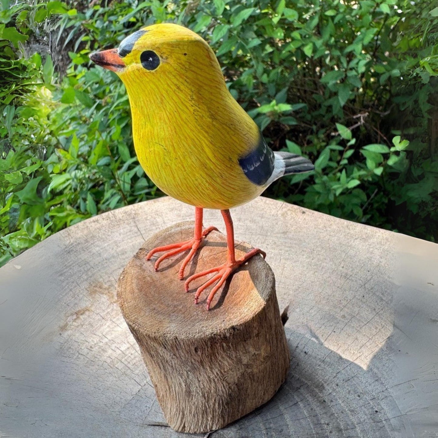 Hand Carved Gold Finch Sculpture: Bali Wood Bird Art
