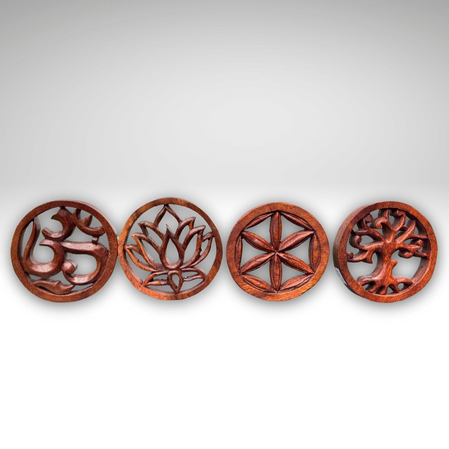 Hand Carved Balinese Wood Trivet: Boho Wall Art, Sacred Symbols 4"