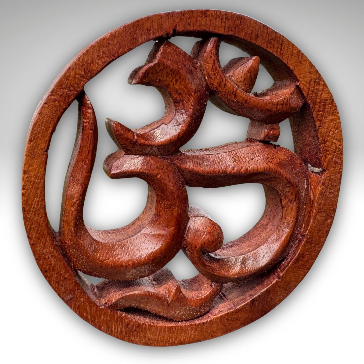 Hand Carved Balinese Wood Trivet: Boho Wall Art, Sacred Symbols 4"