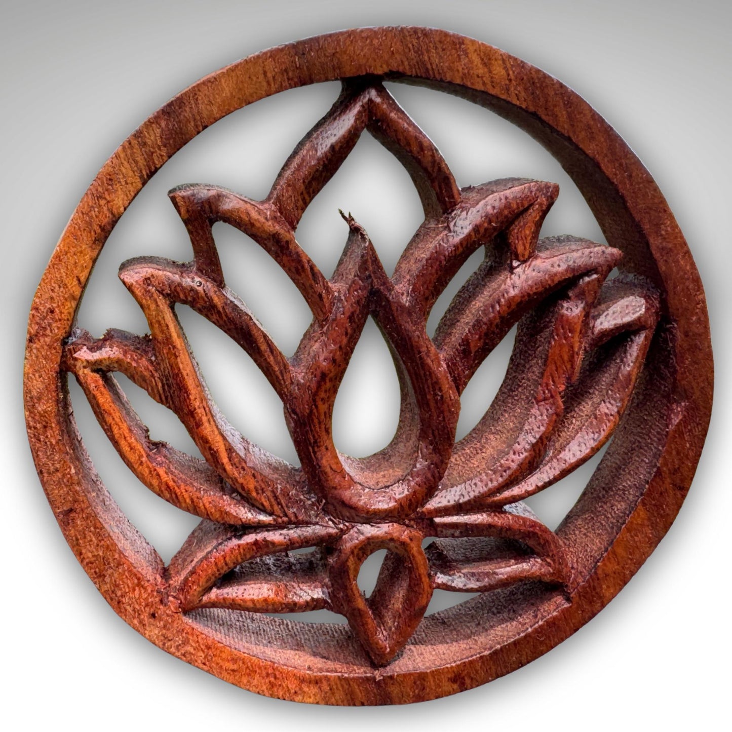 Hand Carved Balinese Wood Trivet: Boho Wall Art, Sacred Symbols 4"