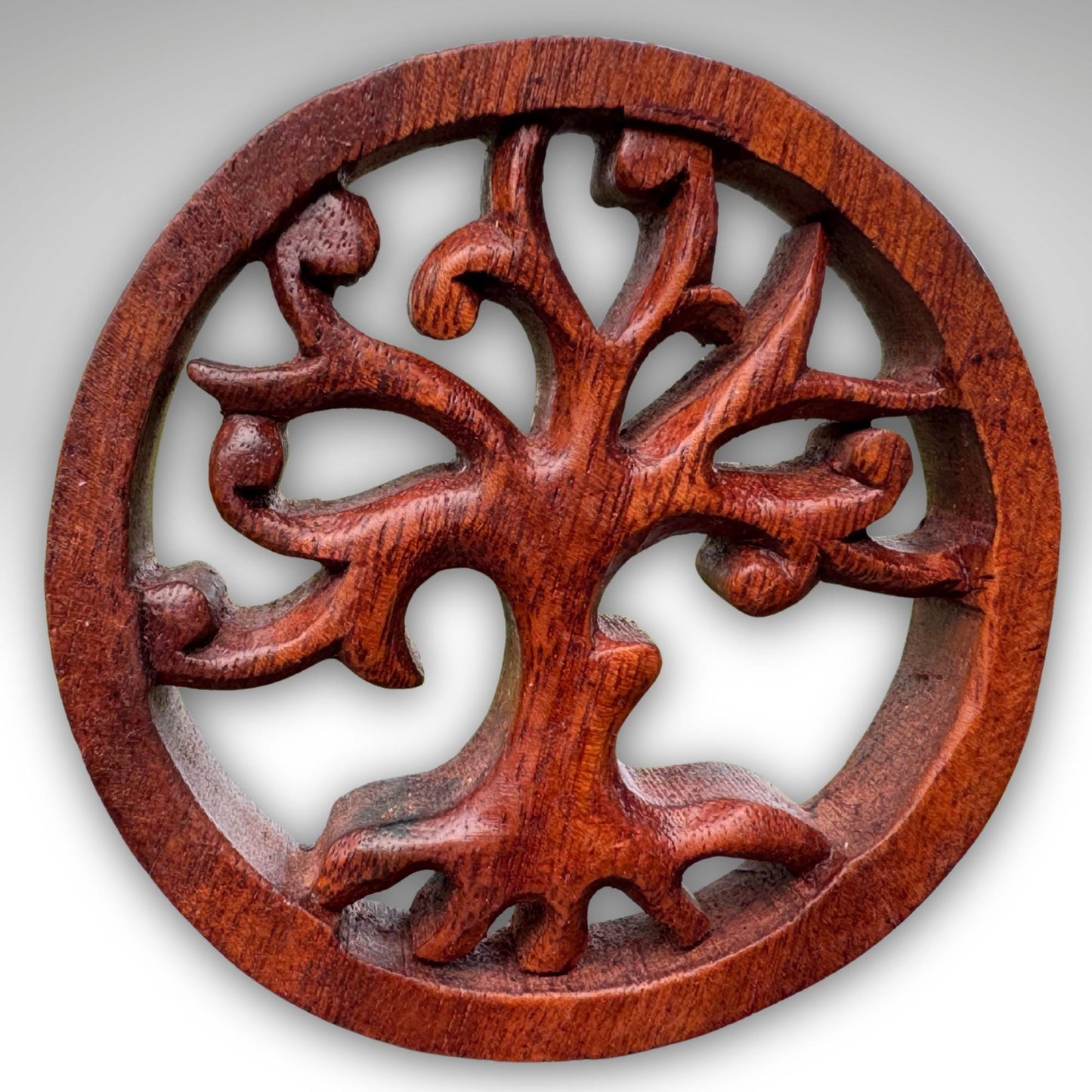 Hand Carved Balinese Wood Trivet: Boho Wall Art, Sacred Symbols 4"