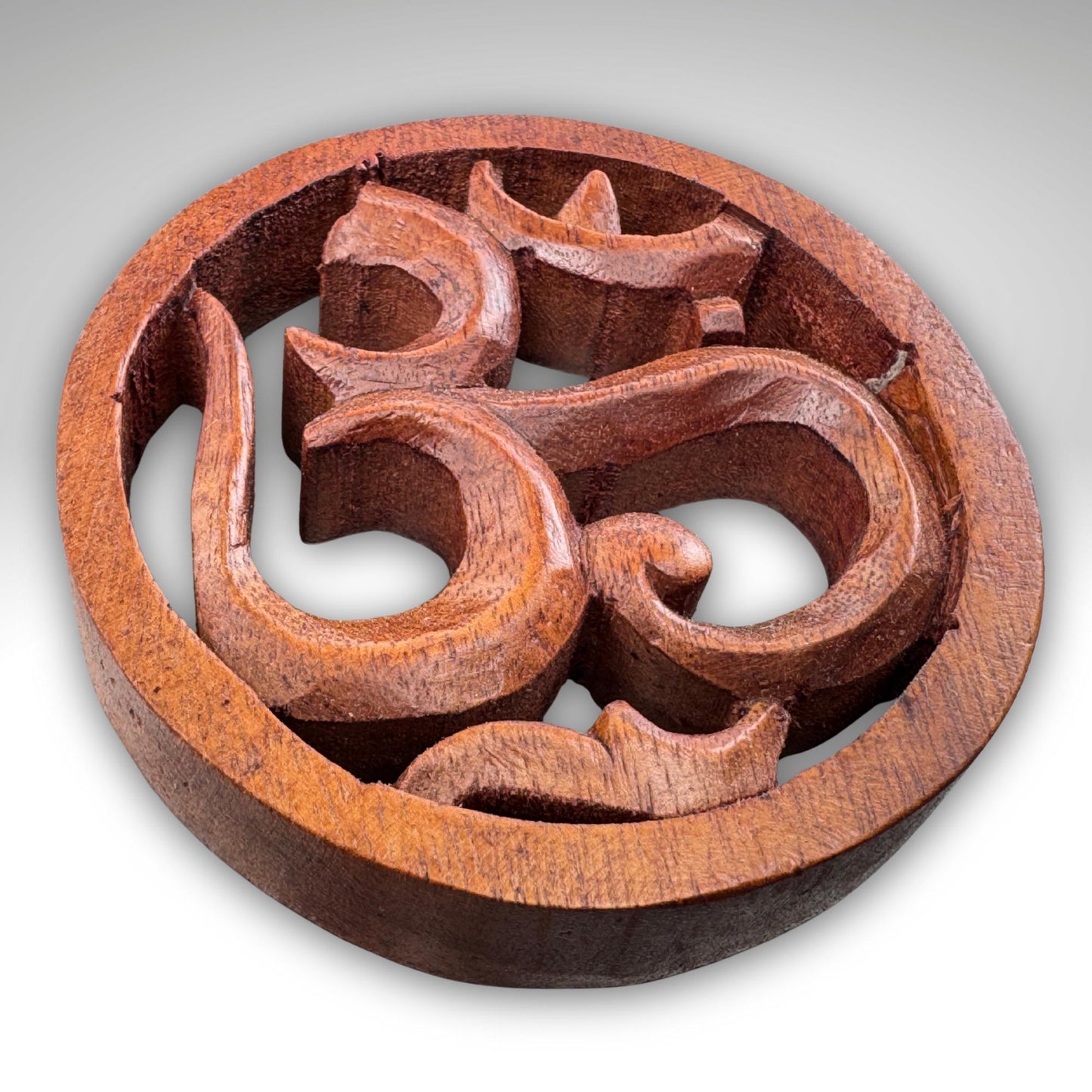 Hand Carved Balinese Wood Trivet: Boho Wall Art, Sacred Symbols 4"